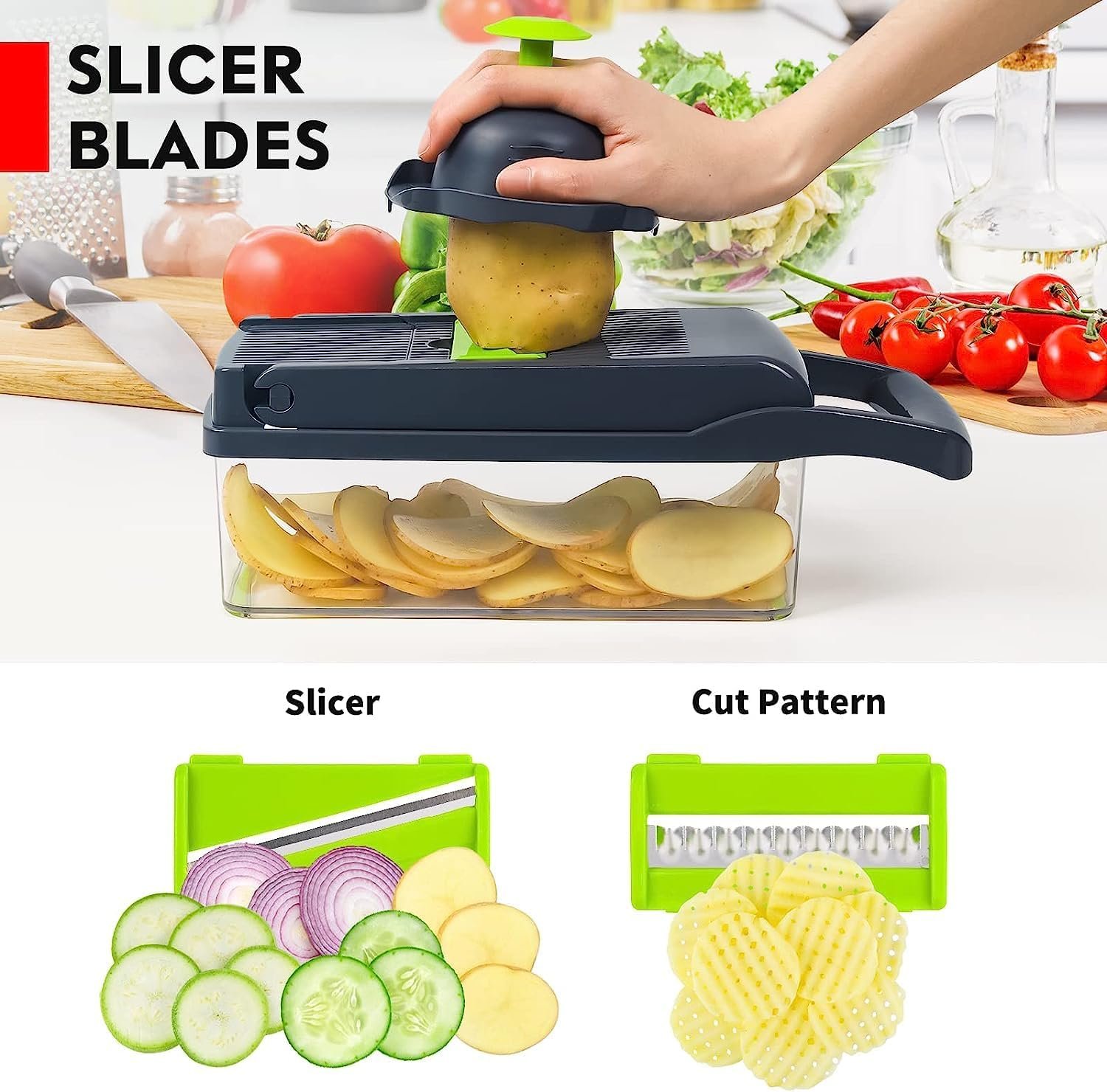 Vegetable Chopper 12 in 1 Mandoline Slicer Fruit Vegetable Onion Dicer Cheese Grater Veggie Slicer Multiblade Kitchen Gadget, Gray/Green, MJ-BR-20220824 - Image 4