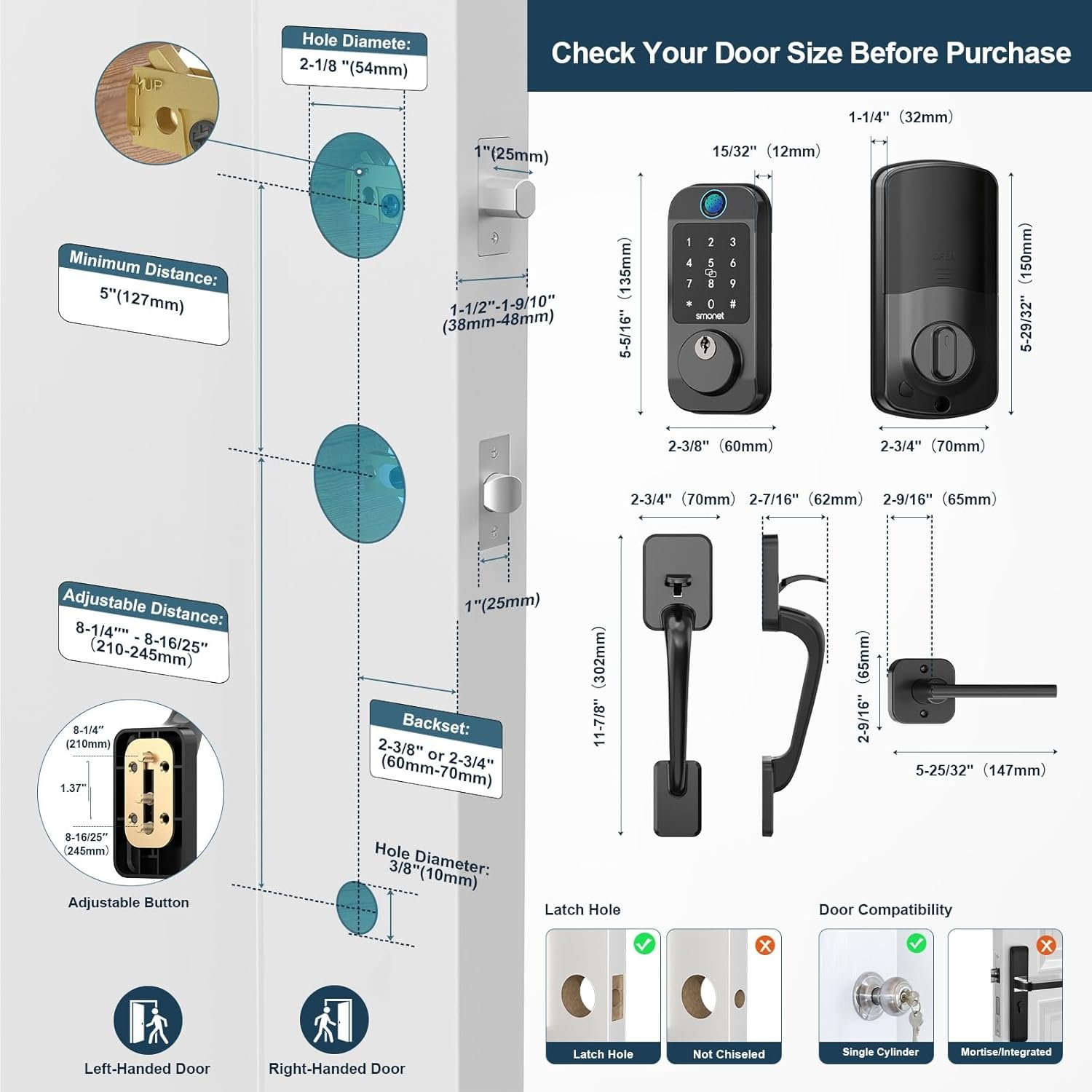 Keyless Entry Door Lock Deadbolt with Handle Set - SMONET Fingerprint WiFi Smart Locks, Digital Remote Control Keypad Bluetooth Alexa Deadbolt Lockset with Auto Lock Code Fob App Black - Image 6