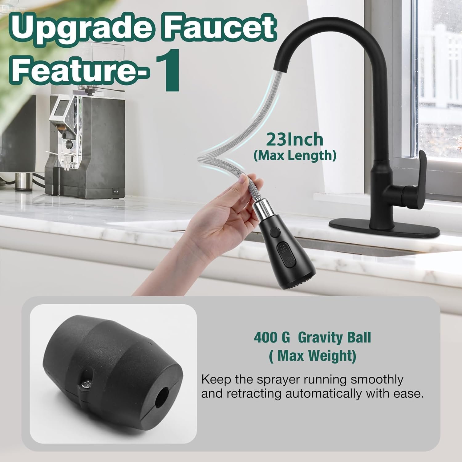 Kitchen Faucets with Pull Down Sprayer, Matte Black, Stainless Steel Kitchen Sink Faucet with High Arc Sprayer, Single Handle Commercial Kitchen Faucet for RV, Bar, Laundry - Image 3