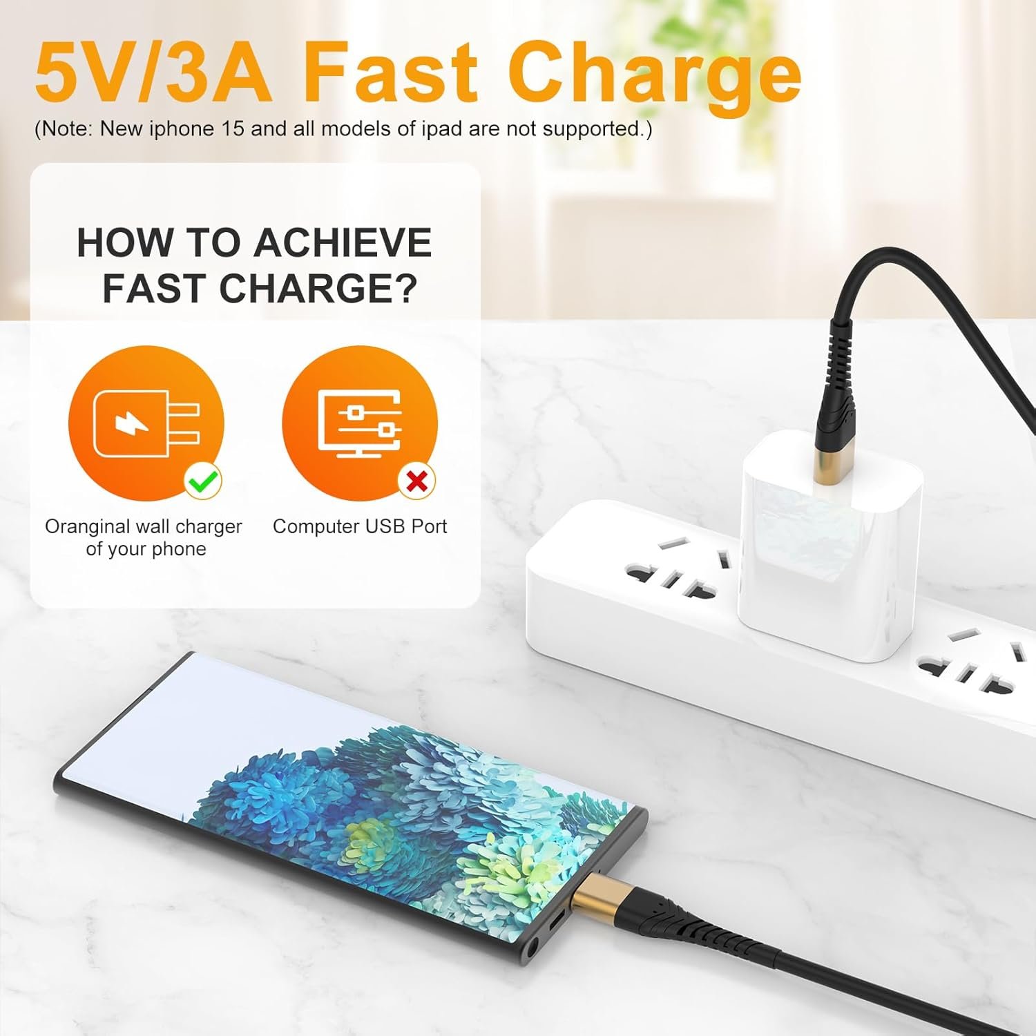 USB Type C Charger Cable Fast Charging 10ft,Extra Long 2Pack 10Foot USB A to USB-C Phone Charging Cord for Samsung Galaxy S20 S10 S10E S9 S8 Plus Note 10 9 8,Z Flip,LG V50 V40 V30 V20 - Image 7