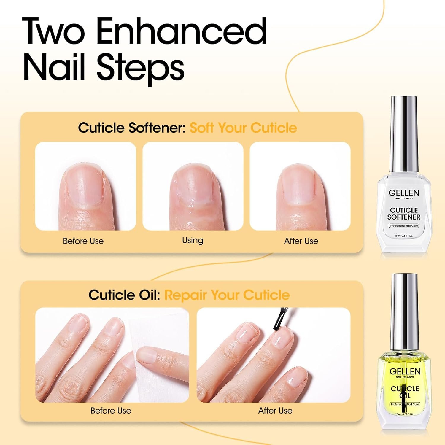 Gellen Cuticle Oil & Softener for Nails, 2 Pcs 18ml Cuticle Remover & Strengthener, Nail Cuticle Protector, 2 in 1 Nail Care Kit for Cuticle Removing & Repairng Manicure Essentials for Gel Nail Polish - Image 7