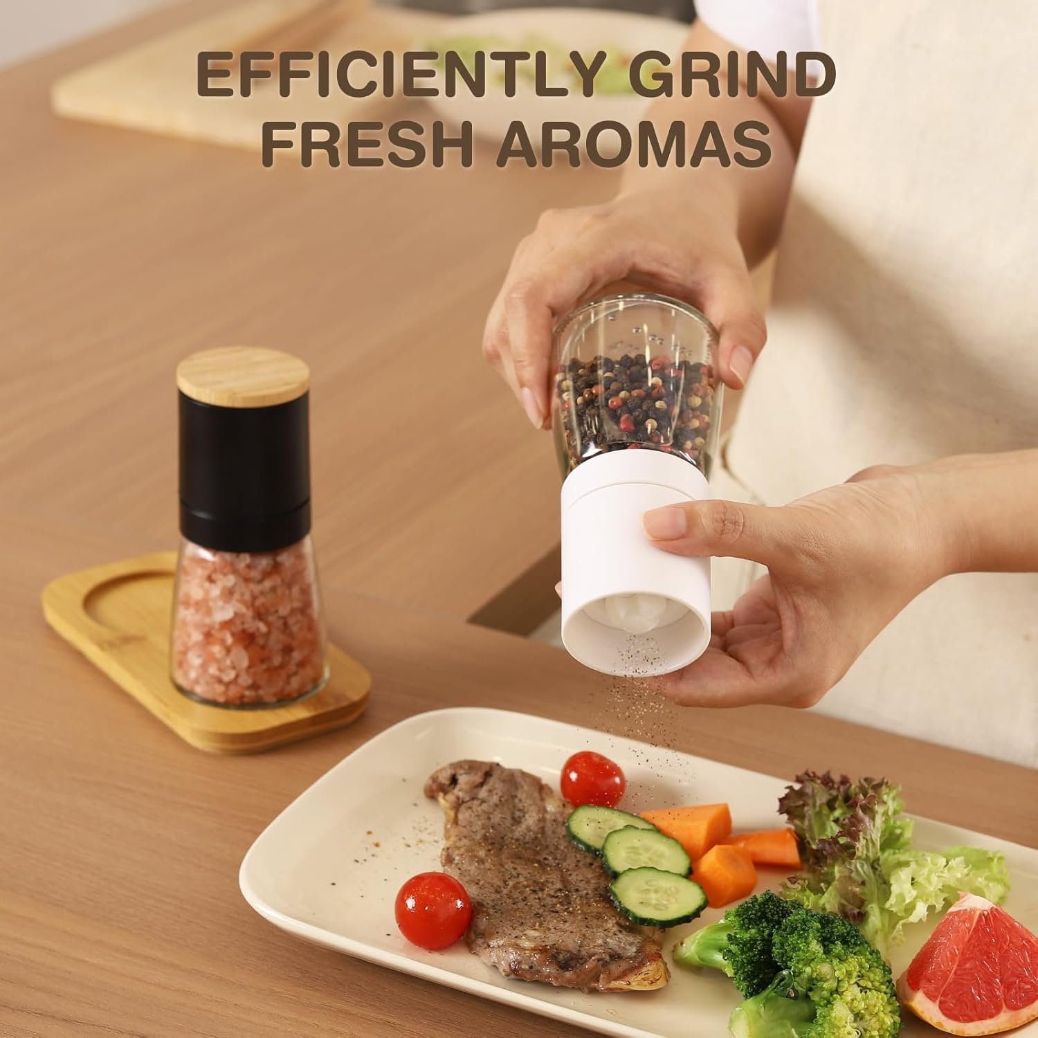 VUCCHINI Salt and Black Pepper Grinder Set - Bamboo Lid and Wood Stand Refillable Sea Salt Grinder Shaker Mills (black and white) - Image 6