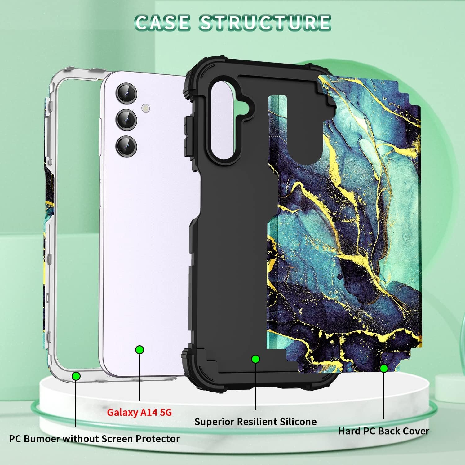 for Galacy A14 5G Case,Marble Design Three Layer Heavy Duty Shockproof Hybrid Hard Plastic Bumper Soft Silicone Rubber Drop Protective Cover Case for Galaxy A14 6.6",(Blue-Green) - Image 7