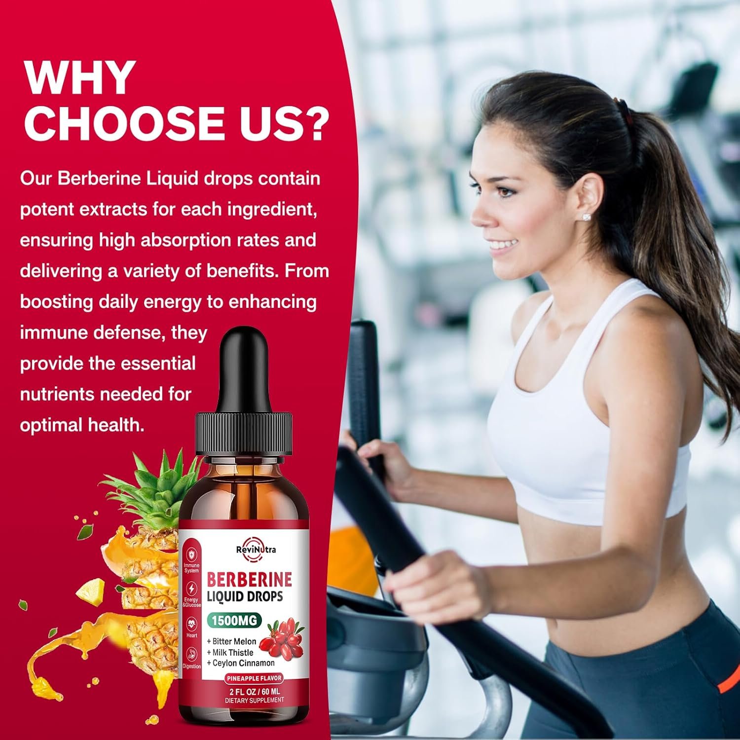 Berberine HCL Liquid Drops, 1500mg Berberine Supplement with Ceylon Cinnamon, Bitter Melon, Milk Thistle for Immune, Digestion System & Heart Health, 2 Fl Oz, Sugar-Free Pineapple Flavor - Image 6