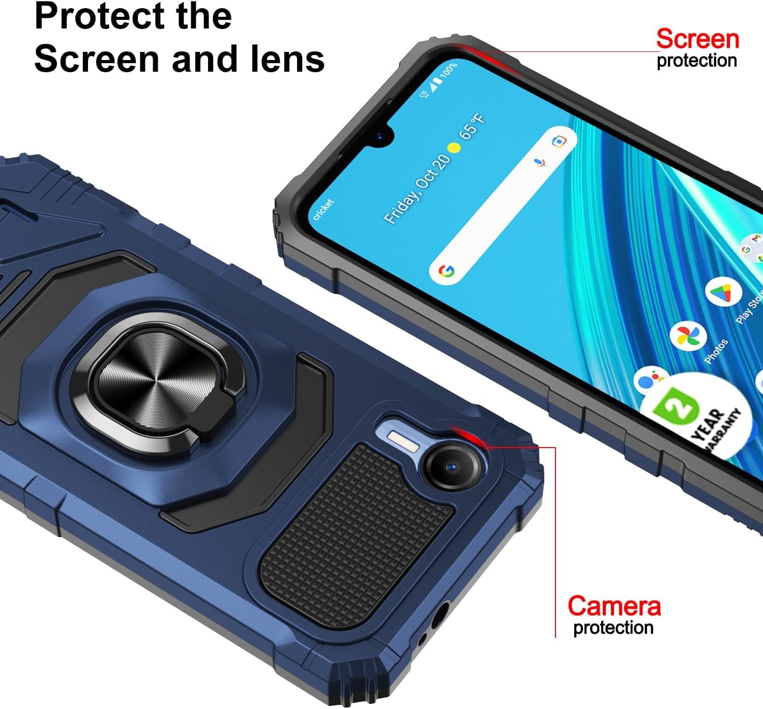 Compatible for Cricket Debut S2, Att Calypso 4 Case, with Tempered Glass Screen Protector, Military Grade Heavy Duty Shockproof Protective Cover, with Ring Kickstand Cover (Blue) - Image 3