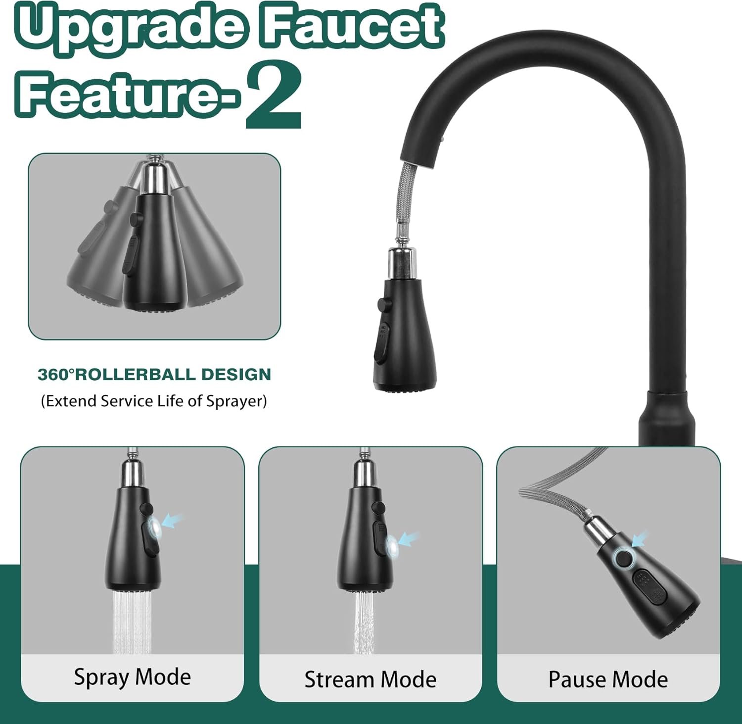 Kitchen Faucets with Pull Down Sprayer, Matte Black, Stainless Steel Kitchen Sink Faucet with High Arc Sprayer, Single Handle Commercial Kitchen Faucet for RV, Bar, Laundry - Image 4