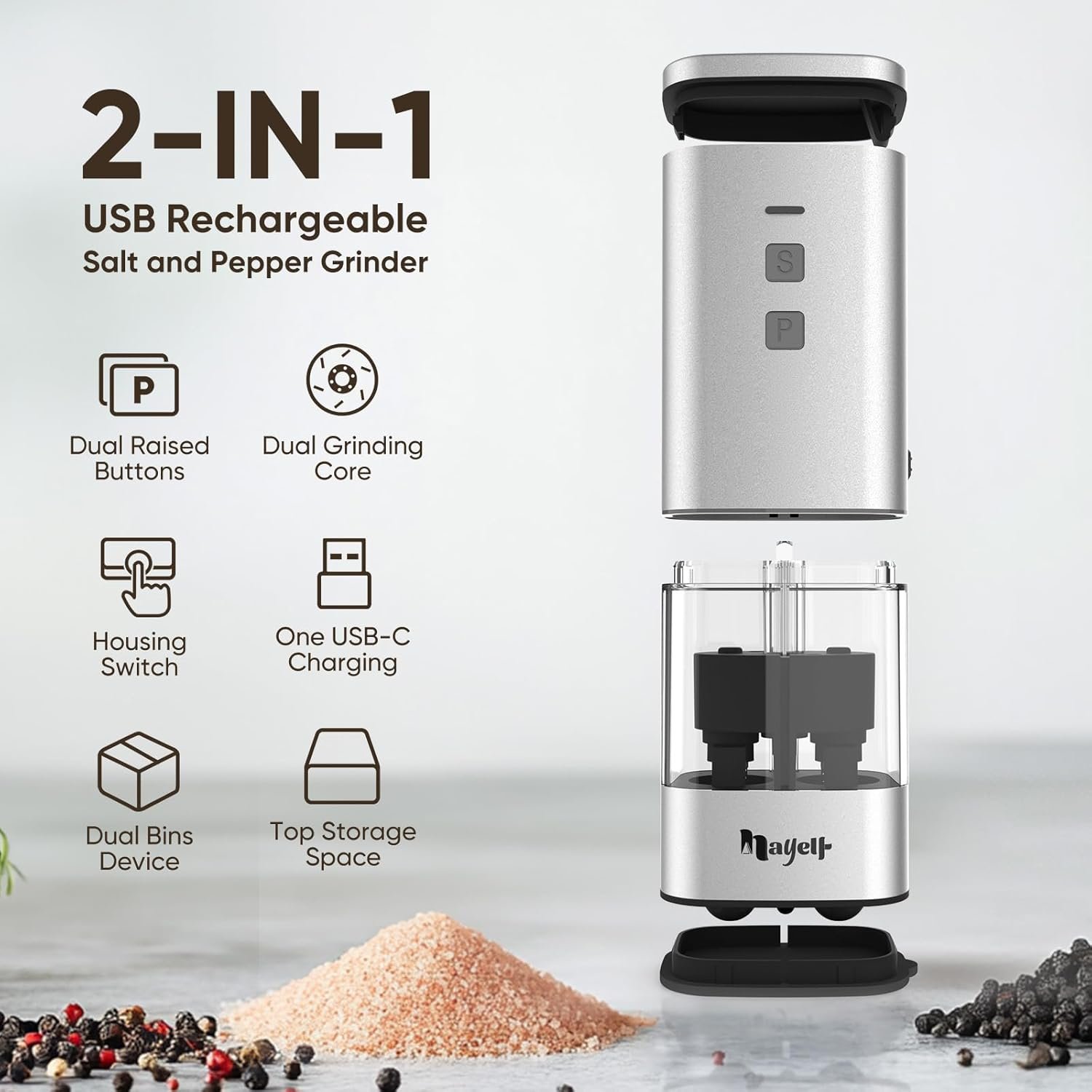 2in1 Portable Rechargeable Salt and Pepper Grinder with LED Light 5oz, Adjustable Ceramic Coarseness, Matte aluminum Finish, Top Storage Compartment, Type-C Charging, One Hand Operate, Kitchen, Travel - Image 3