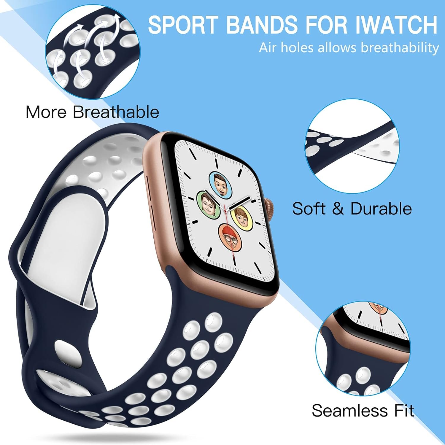 Adorve 4 Pack Compatible with Apple Watch Band 49mm 46mm 45mm 44mm 42mm iWatch Ultra 2 SE Series 10 9 8 7 6 5 4 3 2 1 Women Men,Breathable Sport Silicone Strap,Blue White/WhiteBlack/BlackGray/RedBlack - Image 3