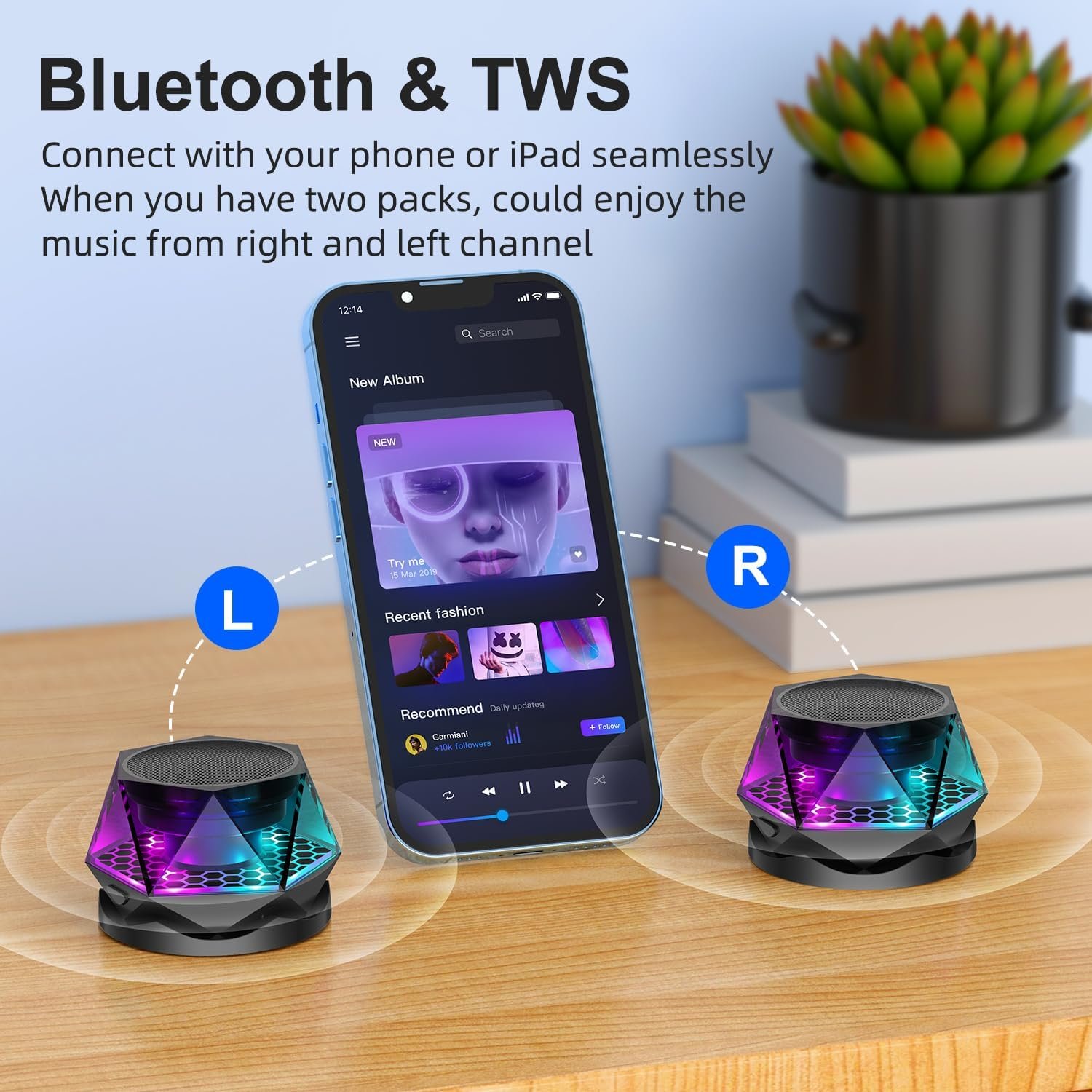 EGKimBa Magnetic Diamond Bluetooth Speaker, Small Wireless Speaker with Multi RGB Color Light Show, Portable Phone Stand for iPhone, Android, TWS Pairing - Image 6