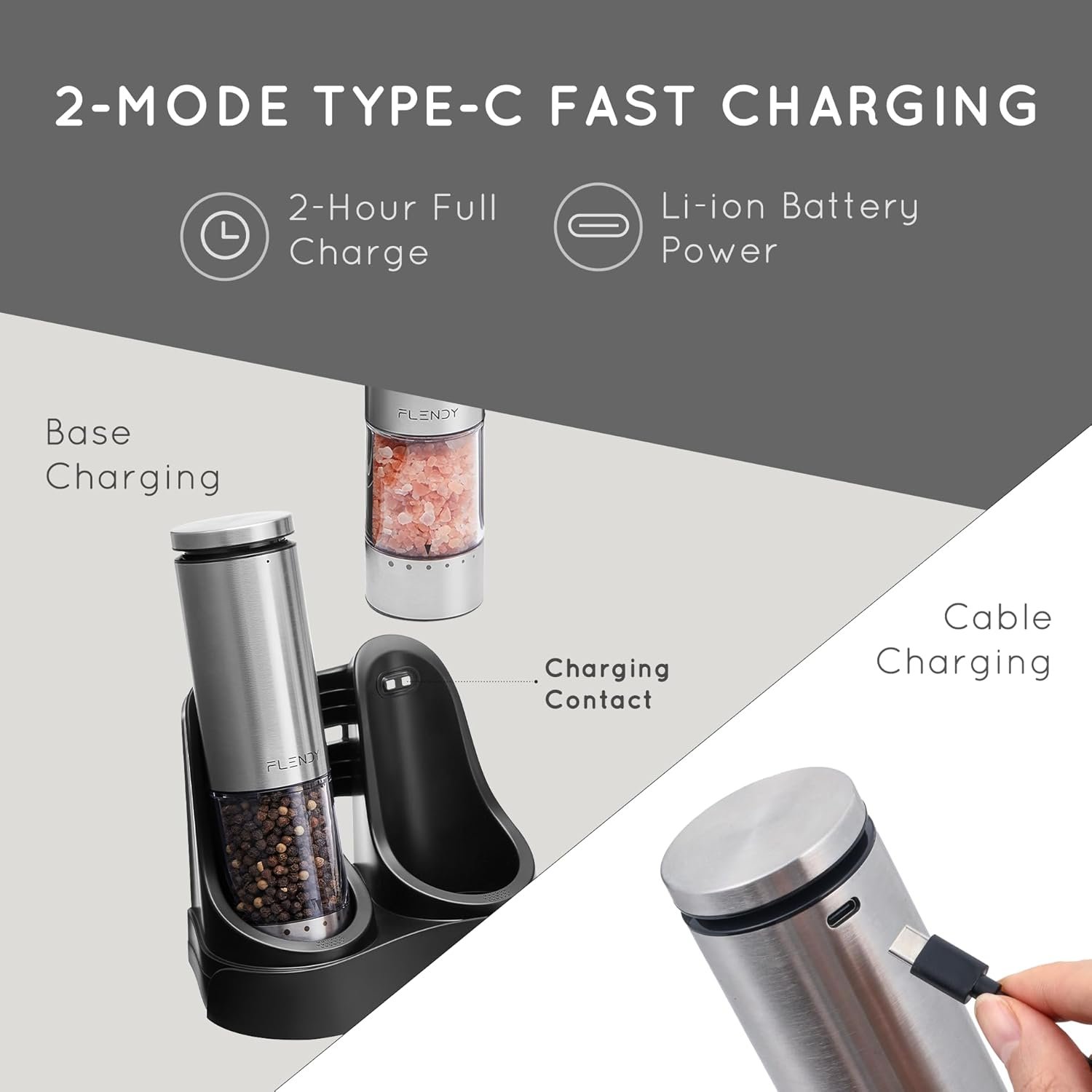 Electric Salt and Pepper Grinder Set Rechargeable, Automatic Salt and Pepper Grinder Set with Oversized Top Button, Stainless Steel Electric Salt and Pepper Shakers Set - Image 6