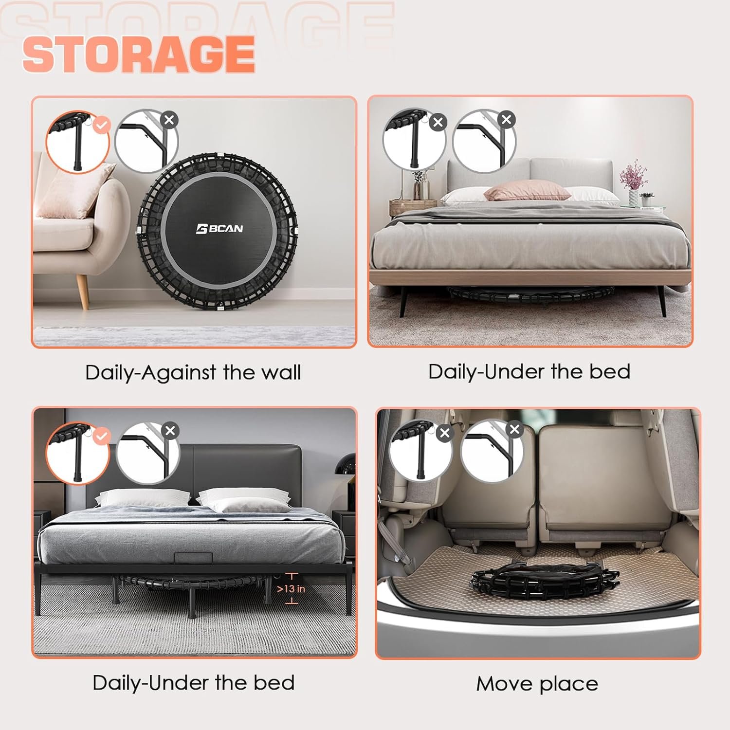 BCAN 450/550 LBS Foldable Mini Trampoline, 40"/48" Fitness Trampoline with Bungees, U Shape Adjustable Foam Handle, Stable & Quiet Exercise Rebounder for Kids Adults Indoor/Garden Workout - Image 9