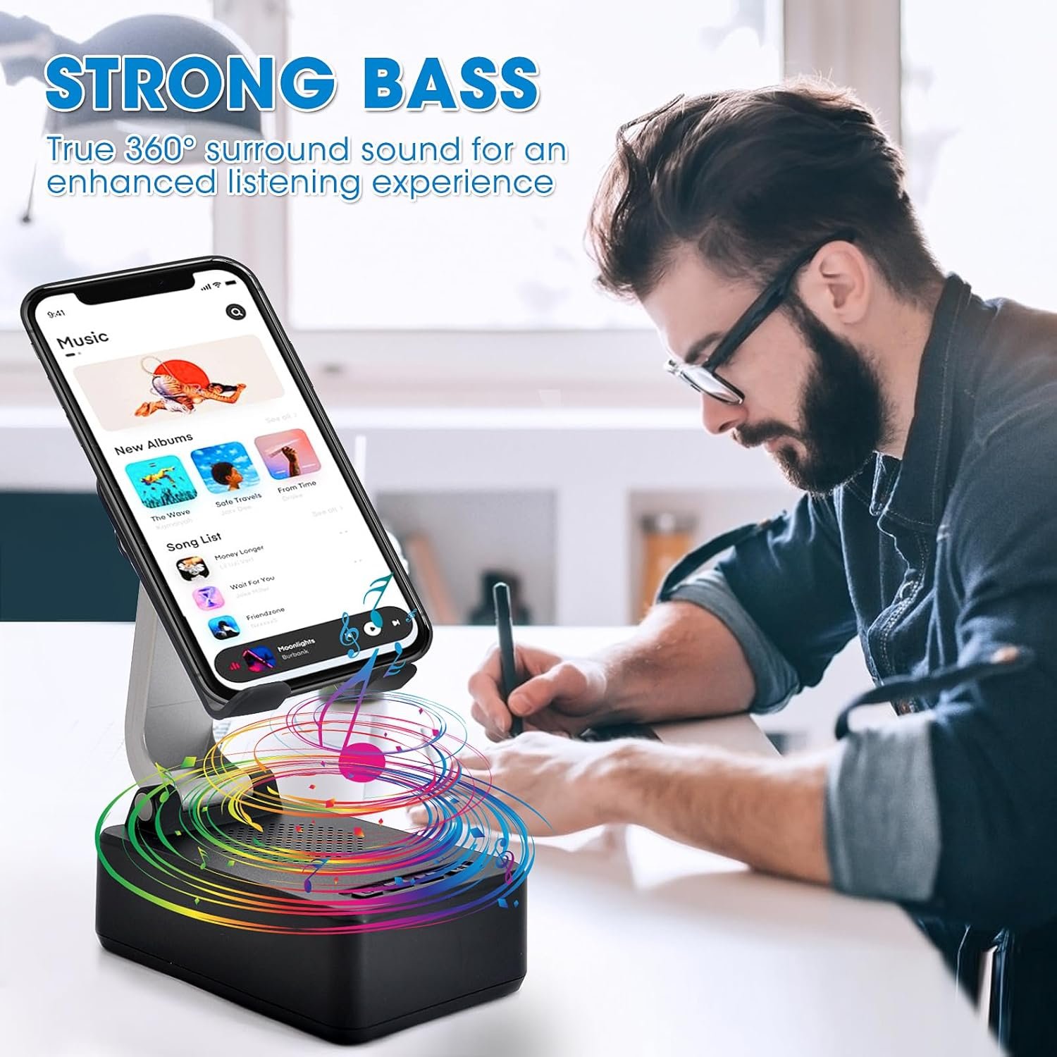 Cell Phone Stand with Bluetooth Speaker HD Surround Sound Bluetooth Speaker Adjustable Phone Holder Gifts for Women Men Wide Compatible with Cell Phone and Tablet (A-Black) - Image 5