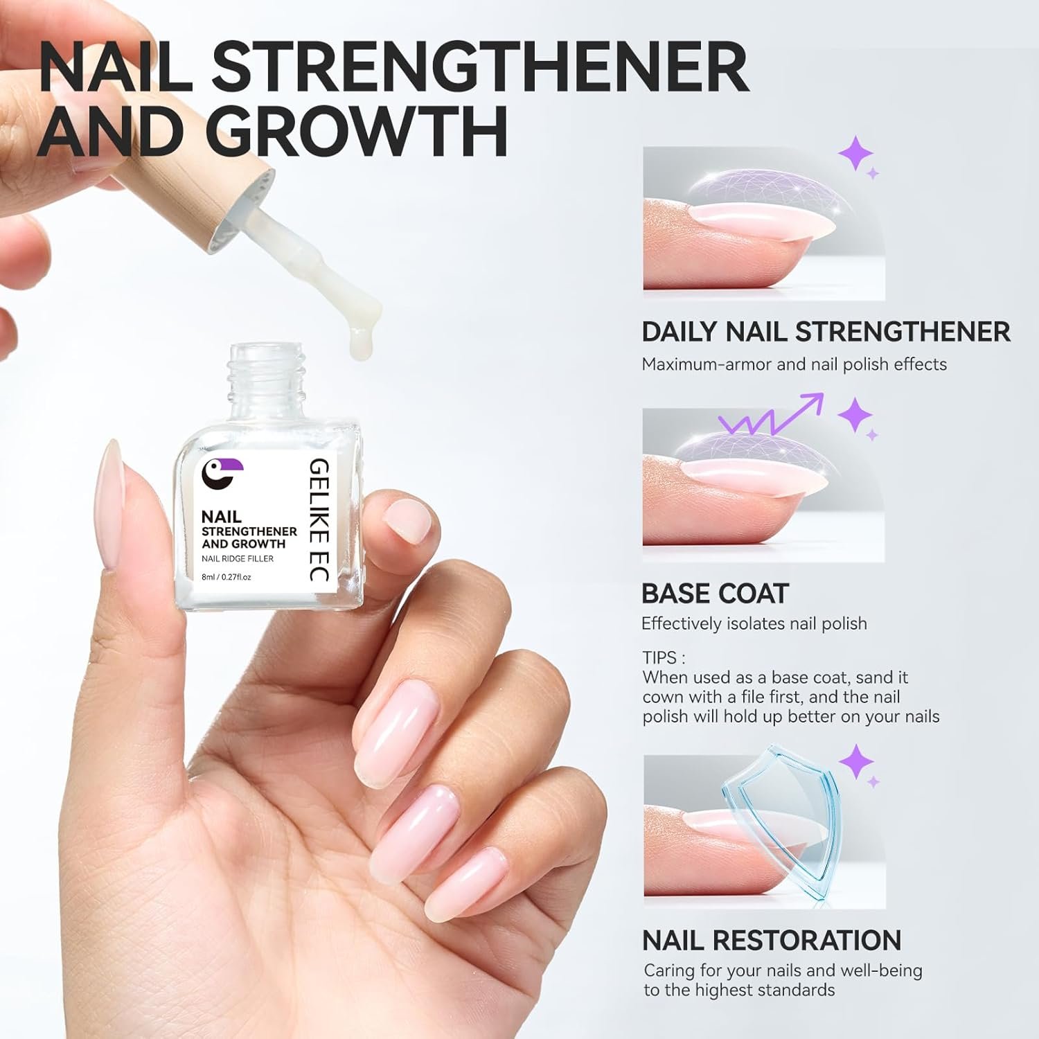 Gelike EC Nail Ridge Filler: Natural Nail Growth Treatment for Weak and Damaged Nails, Protein Nail Hardener for Home Salon Work, Light Milky Wihte - Image 3