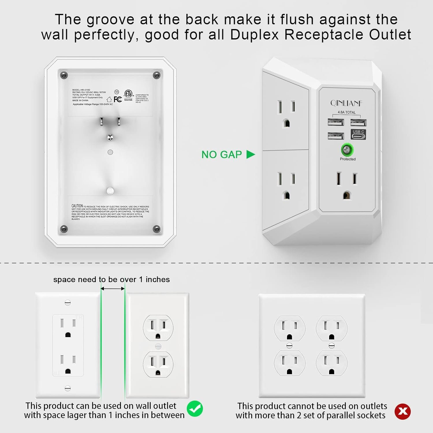 Wall Charger, Surge Protector, QINLIANF 5 Outlet Extender with 4 USB Charging Ports (4.8A Total) 3-Sided 1680J Power Strip Multi Plug Adapter Spaced for Home Travel Office (3U1C) - Image 4
