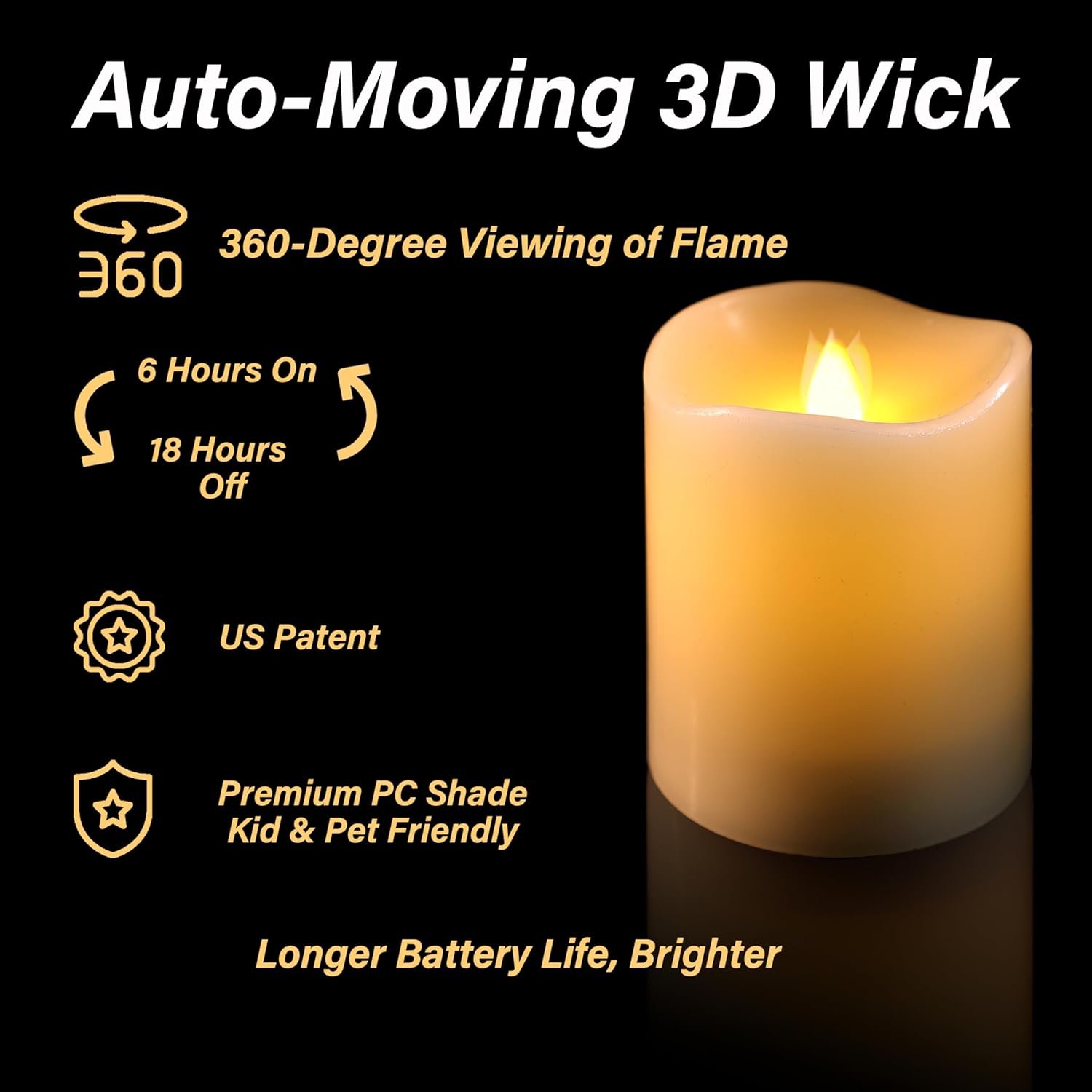HoogaLife Flameless Candles 1200 Hours Flame Effect (D 3" x H 4") Ivory Auto-Moving 3D Wick, LED Pillar Candles Real Wax with Timer Battery Operated and Remote to Buy Separately - Image 6