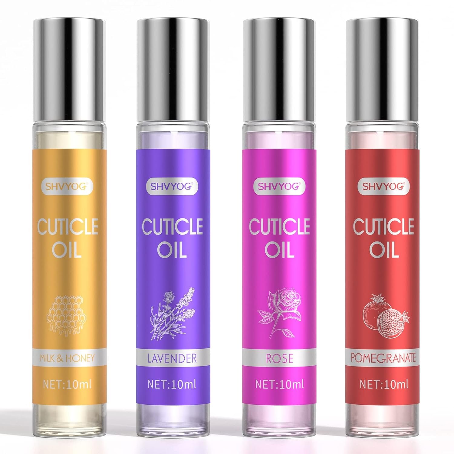 SHVYOG Cuticle Oil, Cuticle Oil for Nails, Nail Oil Treatment for Damaged Nails, Cuticle Oil Pen Nail Strengthener Hydrating Oil for Cuticle Care- Milk & Honey, Pomegranate, Rose, Lavender (4 * 10ml) - Image 2