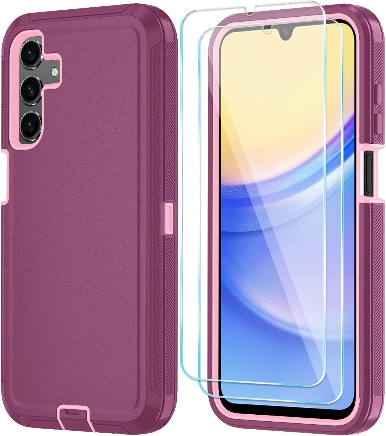 Qinmay Samsung Galaxy A15 5G Case, 3-Layer Shockproof Phone Cover with HD Screen Protector (WinRedPink) - Image 2