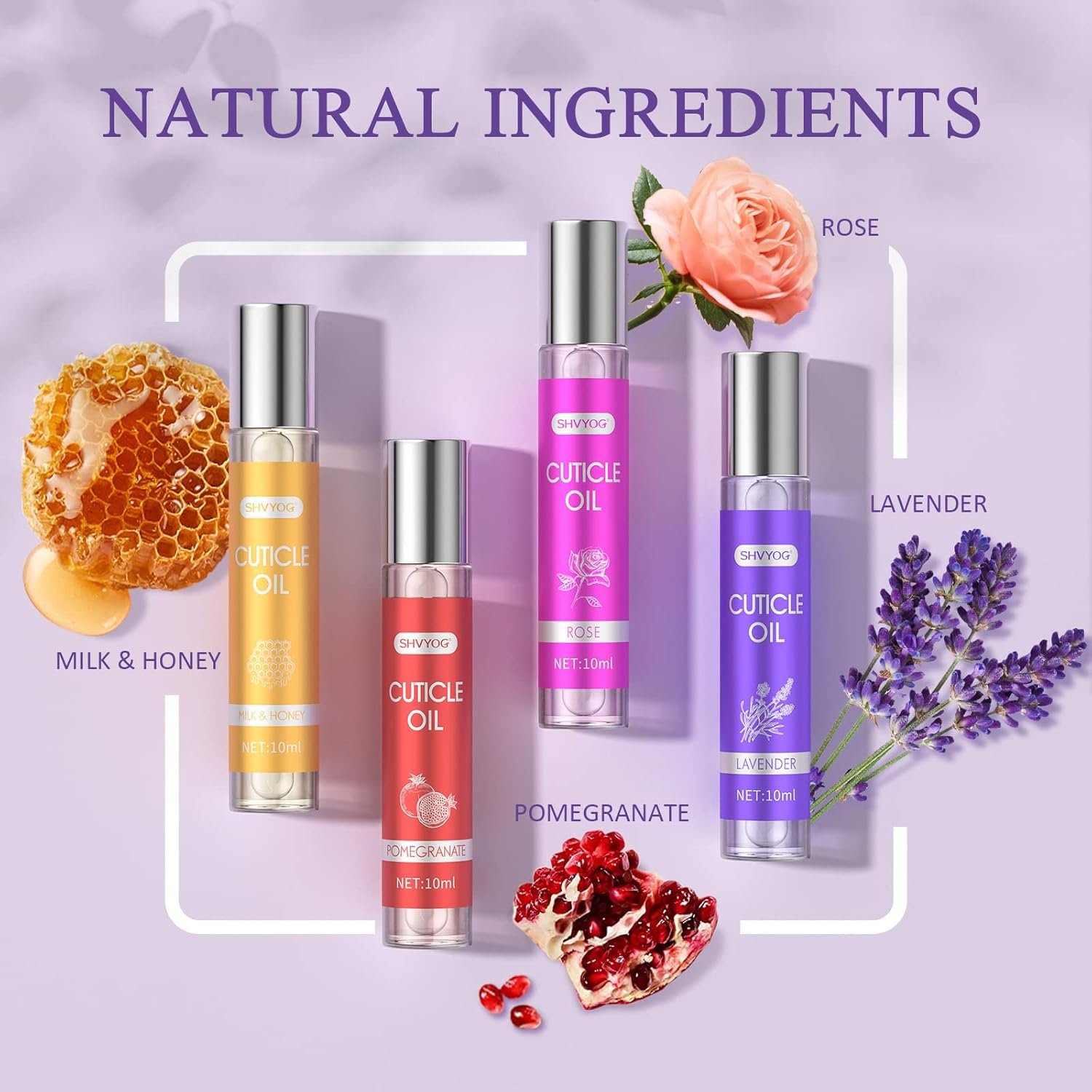 SHVYOG Cuticle Oil, Cuticle Oil for Nails, Nail Oil Treatment for Damaged Nails, Cuticle Oil Pen Nail Strengthener Hydrating Oil for Cuticle Care- Milk & Honey, Pomegranate, Rose, Lavender (4 * 10ml) - Image 4