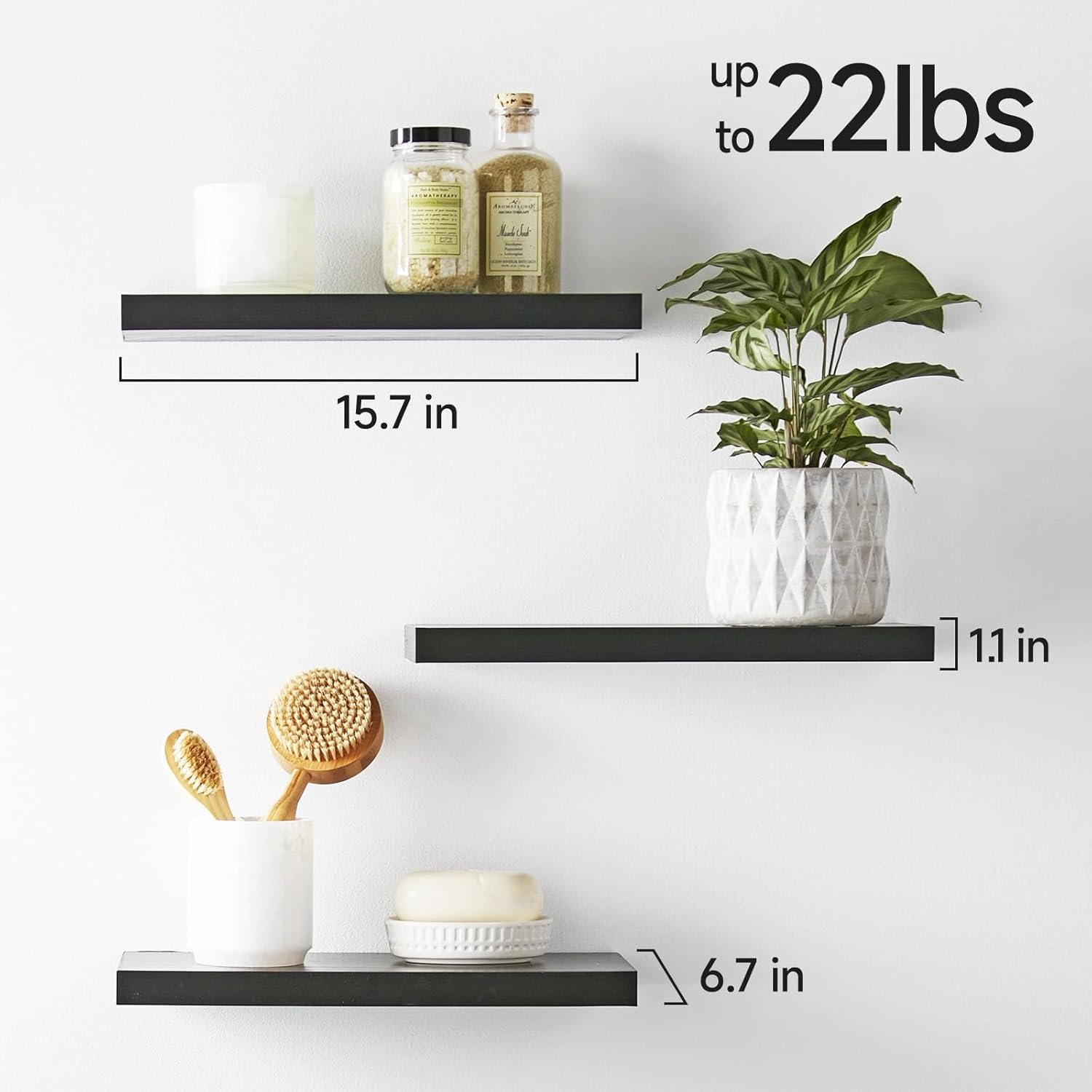 BAYKA Floating Shelves for Wall, Wall Mounted Rustic Wood Shelves for Bathroom, Bedroom, Living Room, Kitchen, Hanging Shelf for Books/Storage/Room Decor with 22lbs Capacity (Black, Set of 3, 16in) - Image 7