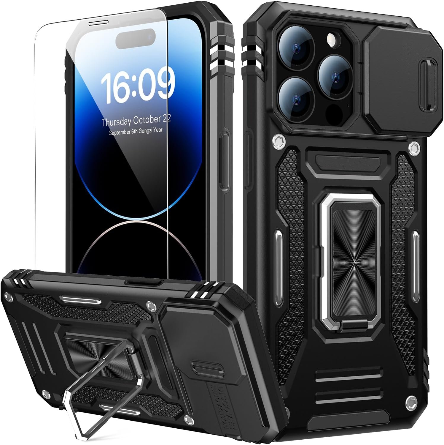 Goodon for iPhone 15 Pro Max Case with Sliding Camera Cover + Screen Protector - Metal Magnetic Kickstand - Military-Grade Shockproof Matte Protective Phone Cover 6.7" for Men Women Girls - Black - Image 2