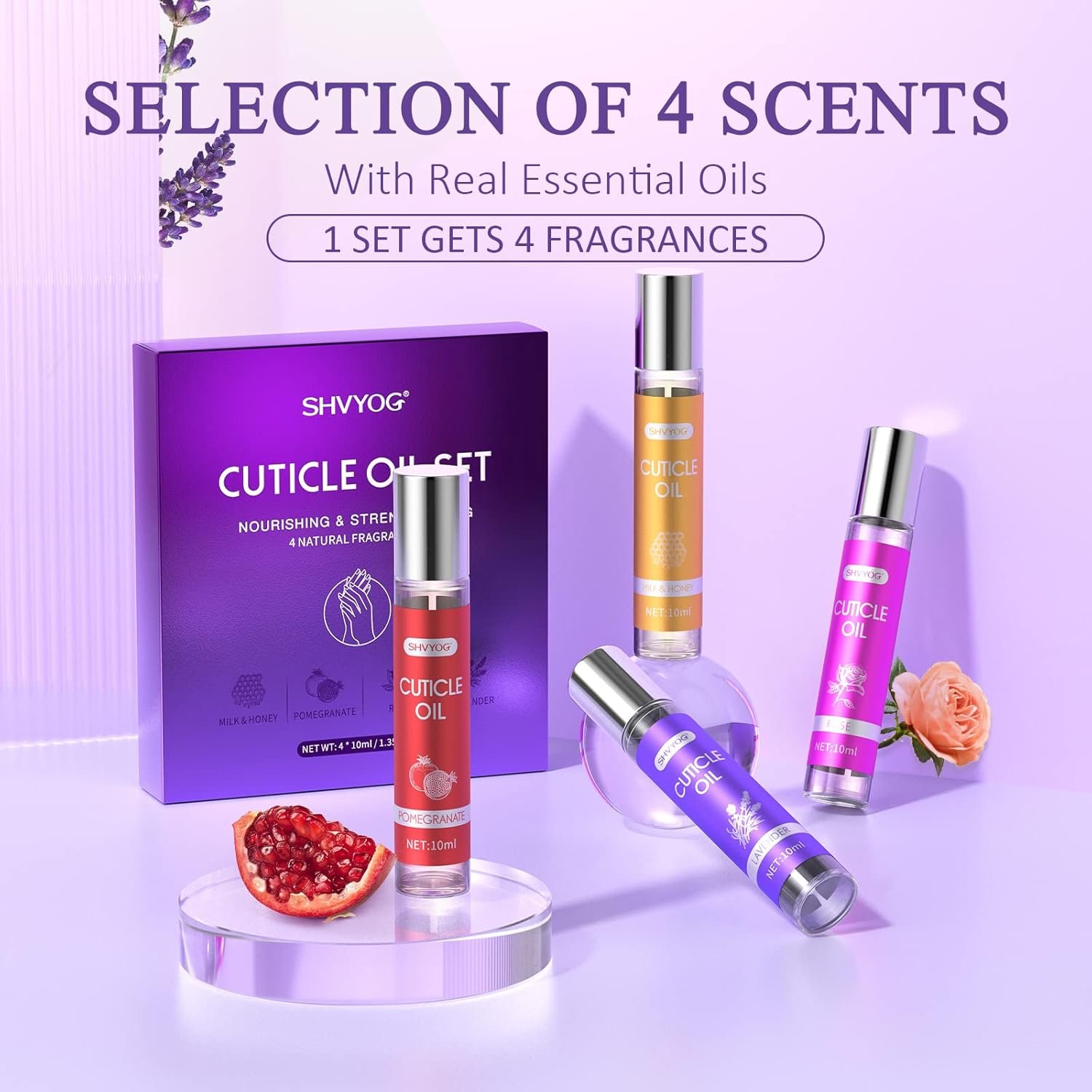 SHVYOG Cuticle Oil, Cuticle Oil for Nails, Nail Oil Treatment for Damaged Nails, Cuticle Oil Pen Nail Strengthener Hydrating Oil for Cuticle Care- Milk & Honey, Pomegranate, Rose, Lavender (4 * 10ml) - Image 3
