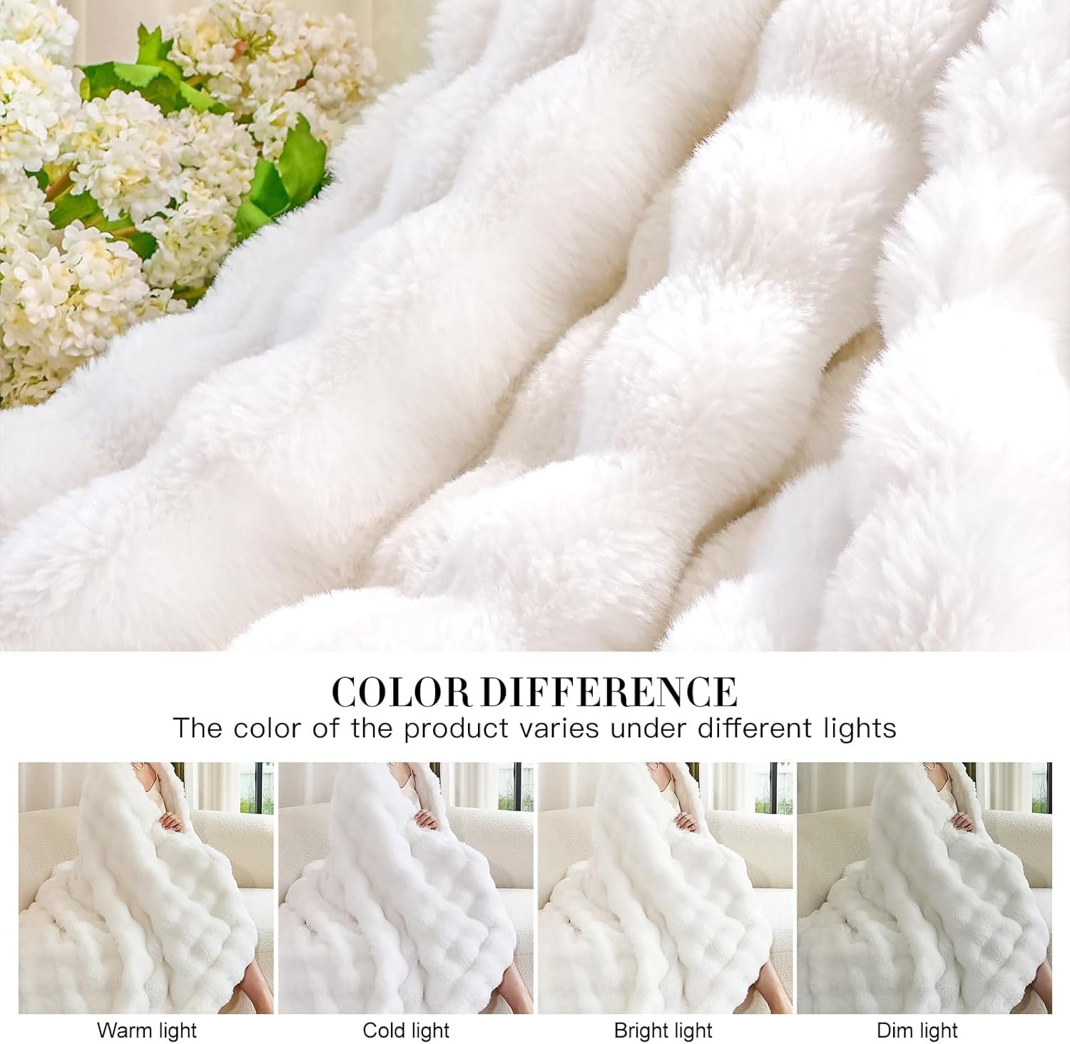 Faux Fur White Throw Blacket for Couch - Super Soft Heavy Flufyy Thick Bubble Throw Blankets for Bed Bedroom Living Room Farmhouse Sofa Chair Fall Winter Warm, 50x60 Inch - Image 9