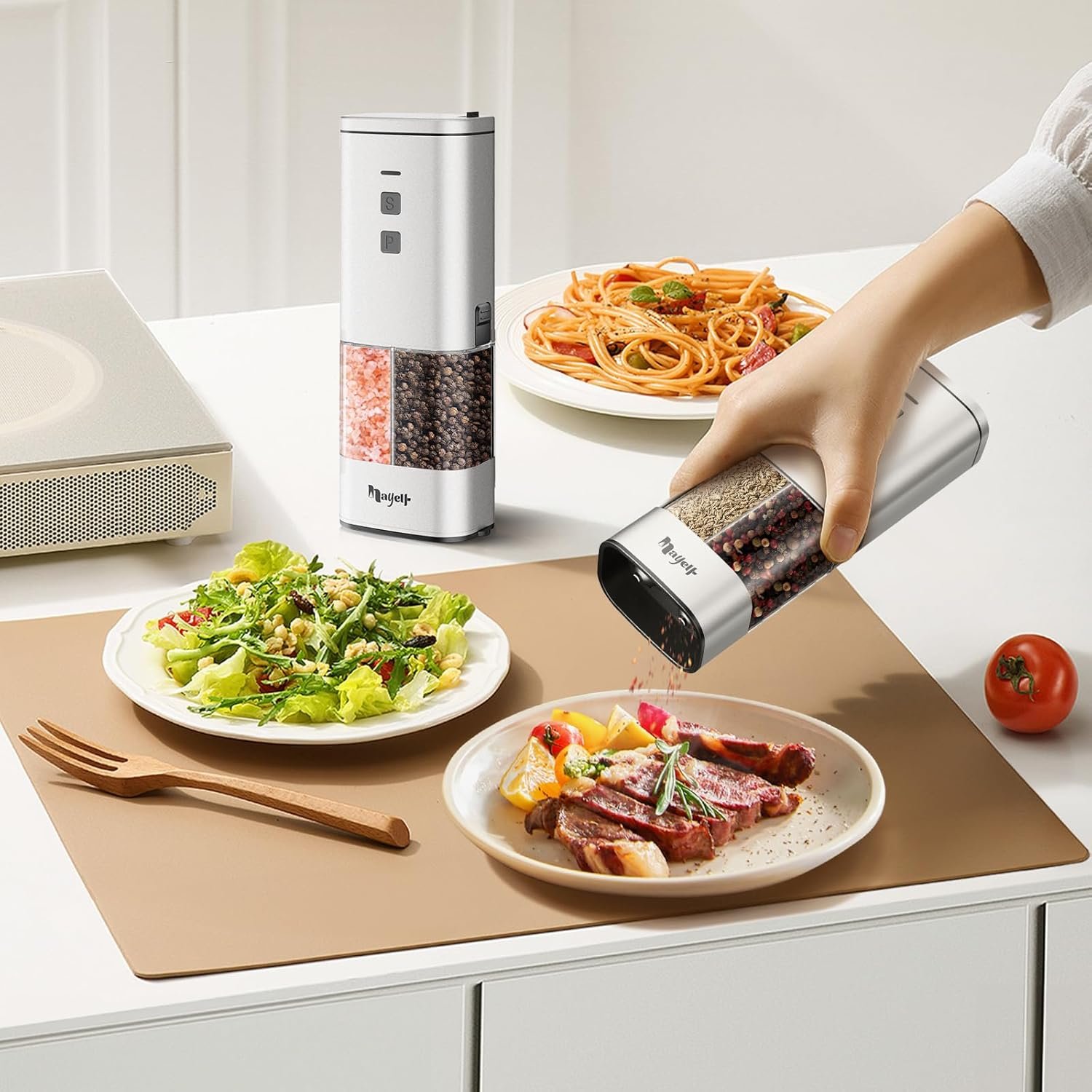 2in1 Portable Rechargeable Salt and Pepper Grinder with LED Light 5oz, Adjustable Ceramic Coarseness, Matte aluminum Finish, Top Storage Compartment, Type-C Charging, One Hand Operate, Kitchen, Travel - Image 7