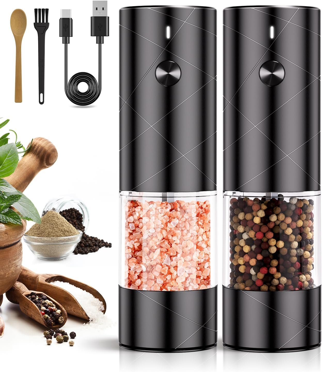 Electric Salt and Pepper Grinder Set with Adjustable Coarseness, Rechargeable Automatic Salt and Pepper Grinder Set with One Hand Operated and LED Light, Salt Grinder & Pepper Mill for Family BBQ - Image 2