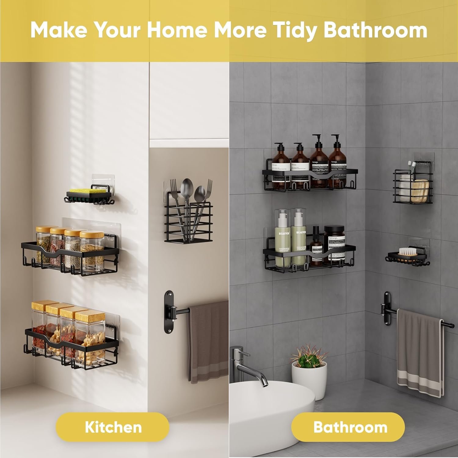 Shower Caddy Adhesive, 5 Pack Corner Bathroom Shelves Rack Rustproof Stainless Steel Bath Organizers with 12 Hooks Large Capacity, No Drilling Shelves for Storage&Home Decor&Kitchen… - Image 8