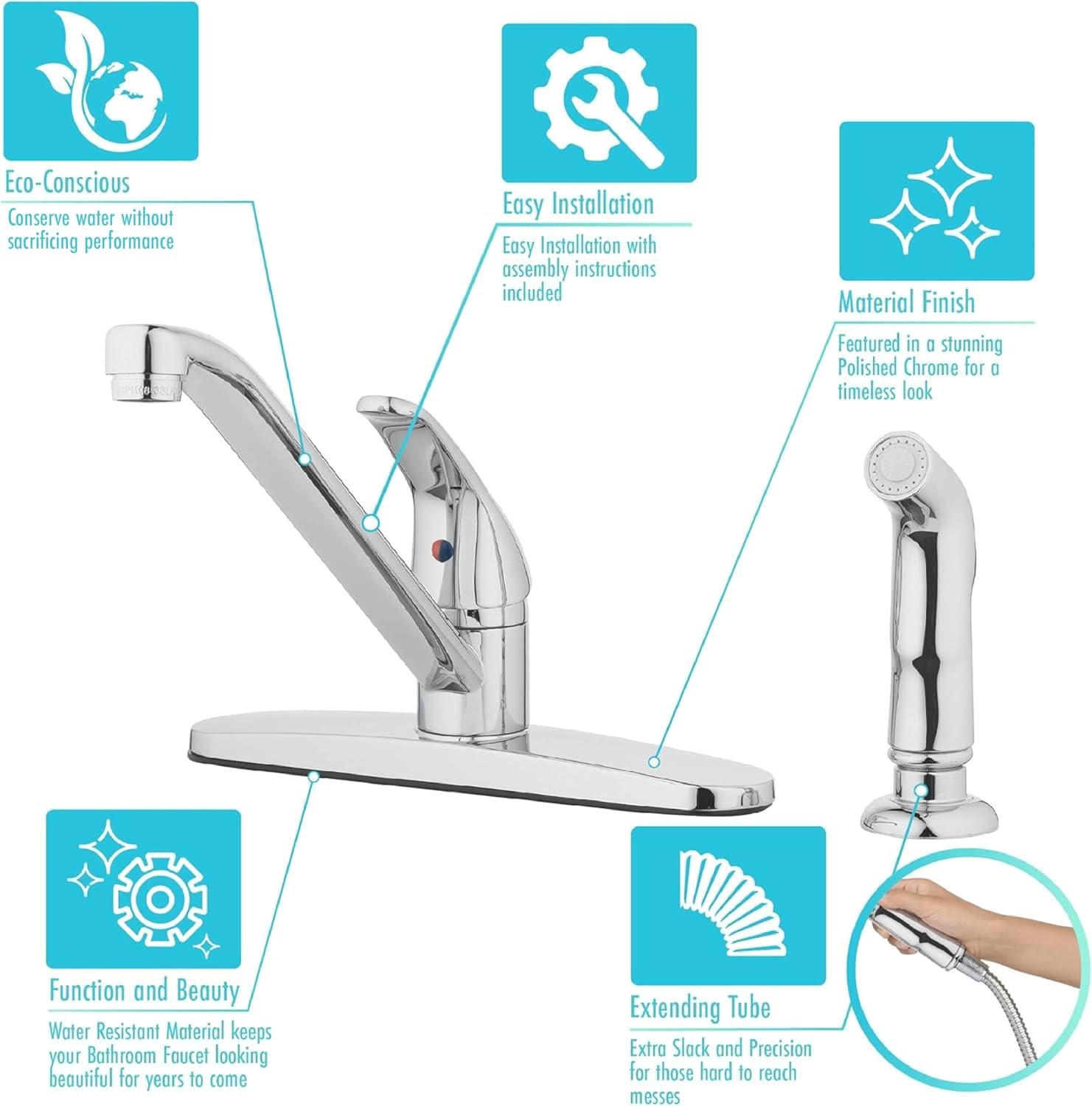 Aqua Vista 22-K81WS-CH-AV Kitchen Sink Faucet with Side Spray, Polished Chrome Single Handle - Image 8