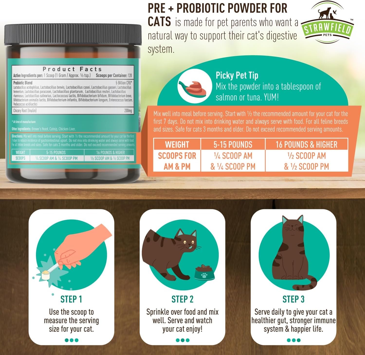Strawfield Pets' Pre + Probiotic Powder for Cats with Catnip Probiotic for Cats Diarrhea Relief Supplement Natural Chicken Liver Flavor 120 Grams / 120 Scoops - Image 7