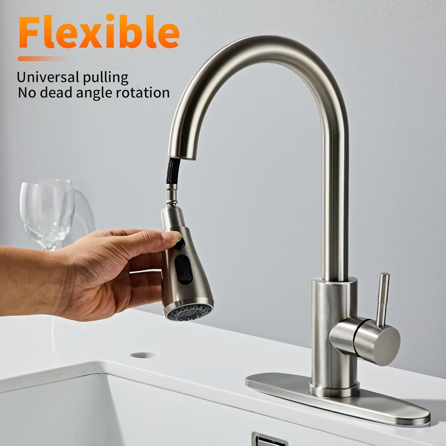 Kitchen Faucet with Pull Down Sprayer Brushed Nickel, High Arc Single Handle Sink Deck Plate, Commercial Modern rv Stainless Steel Faucets, Grifos De Cocina - Image 9