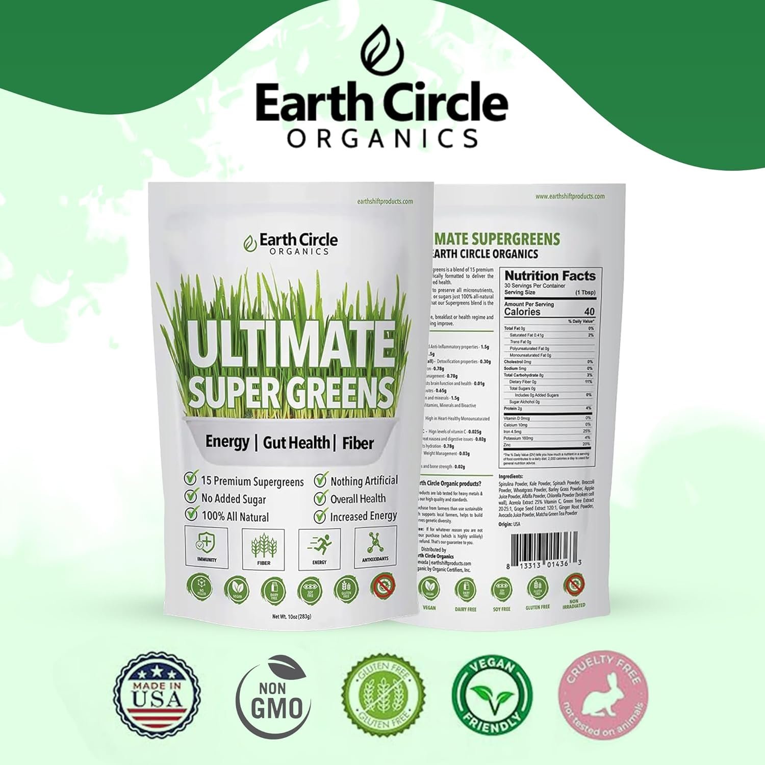 Earth Circle Organics Ultimate Super Greens Powder | 15 Powerful Superfoods | Energy & Fiber-Rich Green Supplement | Vegan, No Additives | for Smoothie Mix & Juices | 30 Servings, 10oz (Pack of 1) - Image 5