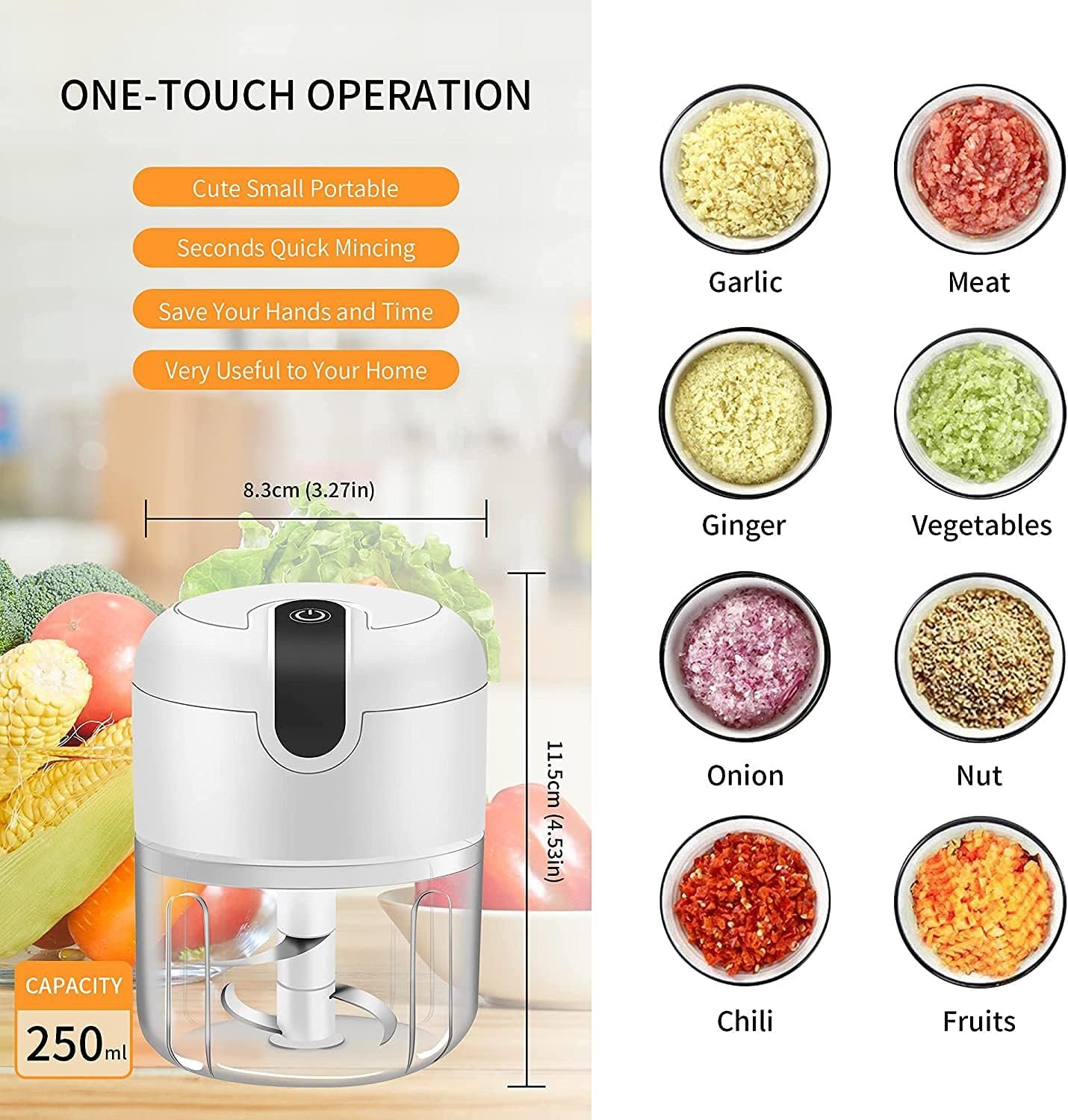 Electric Mini Garlic Chopper,Food Processor,Portable Cordless Garlic Mincer Masher,Meat Grinder with USB Charging For Vegetable,Chili,Fruits,Ginger,Baby Food,Seasoning 250ml(White) - Image 7