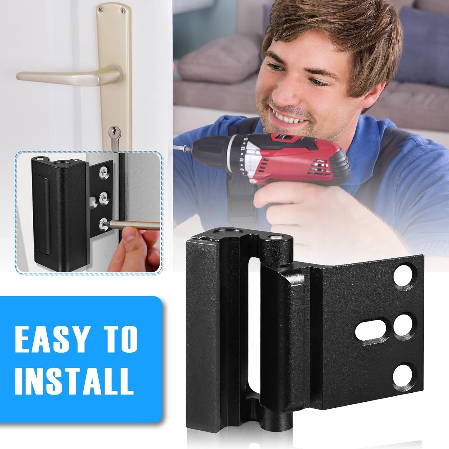 3Pack Home Security Door Reinforcement Lock, Childproof Safety Door Lock Latch Inside Stopper, Add High Security to Prevent Home Unauthorized Entry, Aluminum Construction Finish Black - Image 9