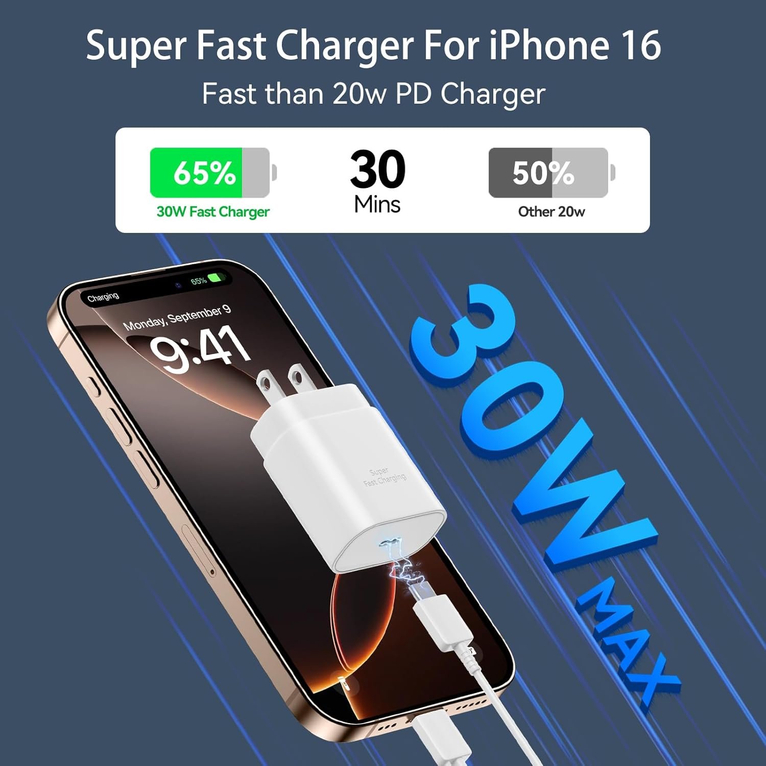 iPhone 16 15 Pro Max Charger Fast Charging USB C Charger Block, 30W USB-C Charger with 10 FT Type C Fast Charging Long Cable Cord for iPhone 16 Pro Max/16 Pro/16 Plus/16/15 Pro Max/15Pro/15/GalaxyS24 - Image 3