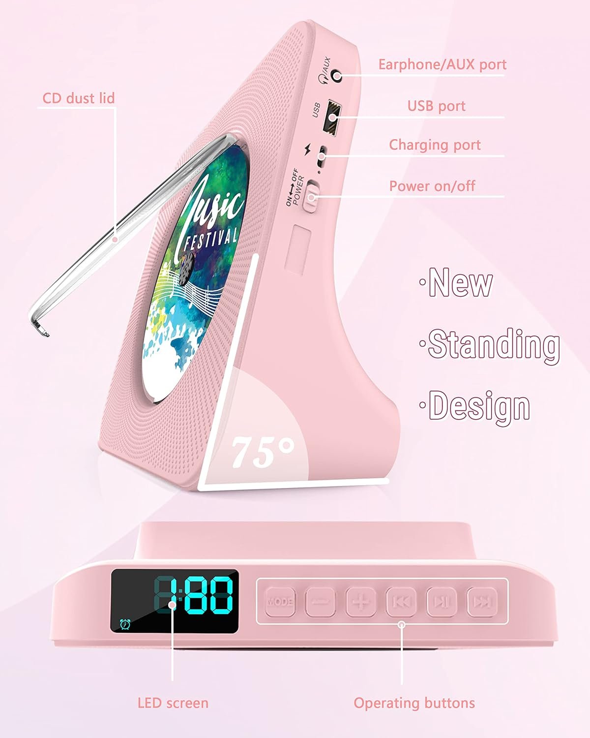 Greadio CD Player Portable with Bluetooth 5.0, HiFi Sound Speaker, CD Music Player with Remote Control, Dust Cover, FM Radio, LED Screen, Support AUX/USB, Headphone Jack for Home, Kids, Kpop, Gift - Image 8