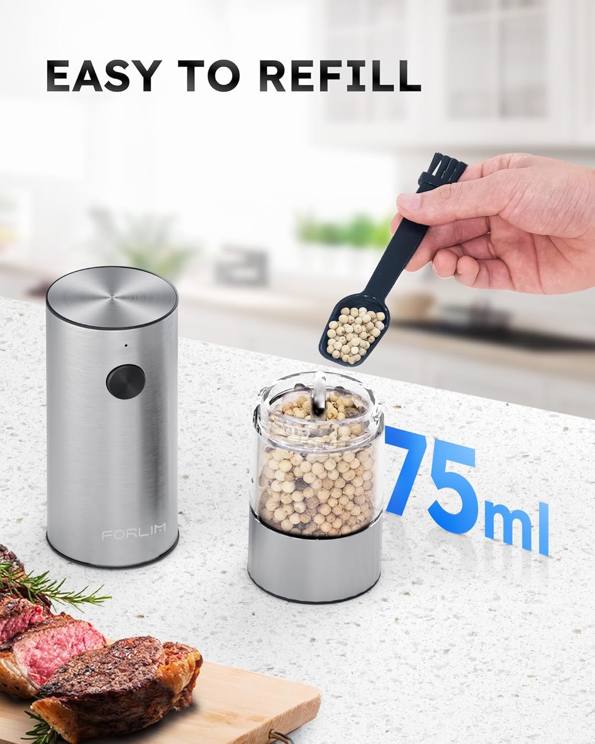 FORLIM Electric Salt and Pepper Grinder Set, USB Rechargeable Automatic Salt and Pepper Grinder Set with Upgraded Base, One Handed Operation Refillable Mill with Light, Adjustable Coarseness - 2 Mills - Image 3