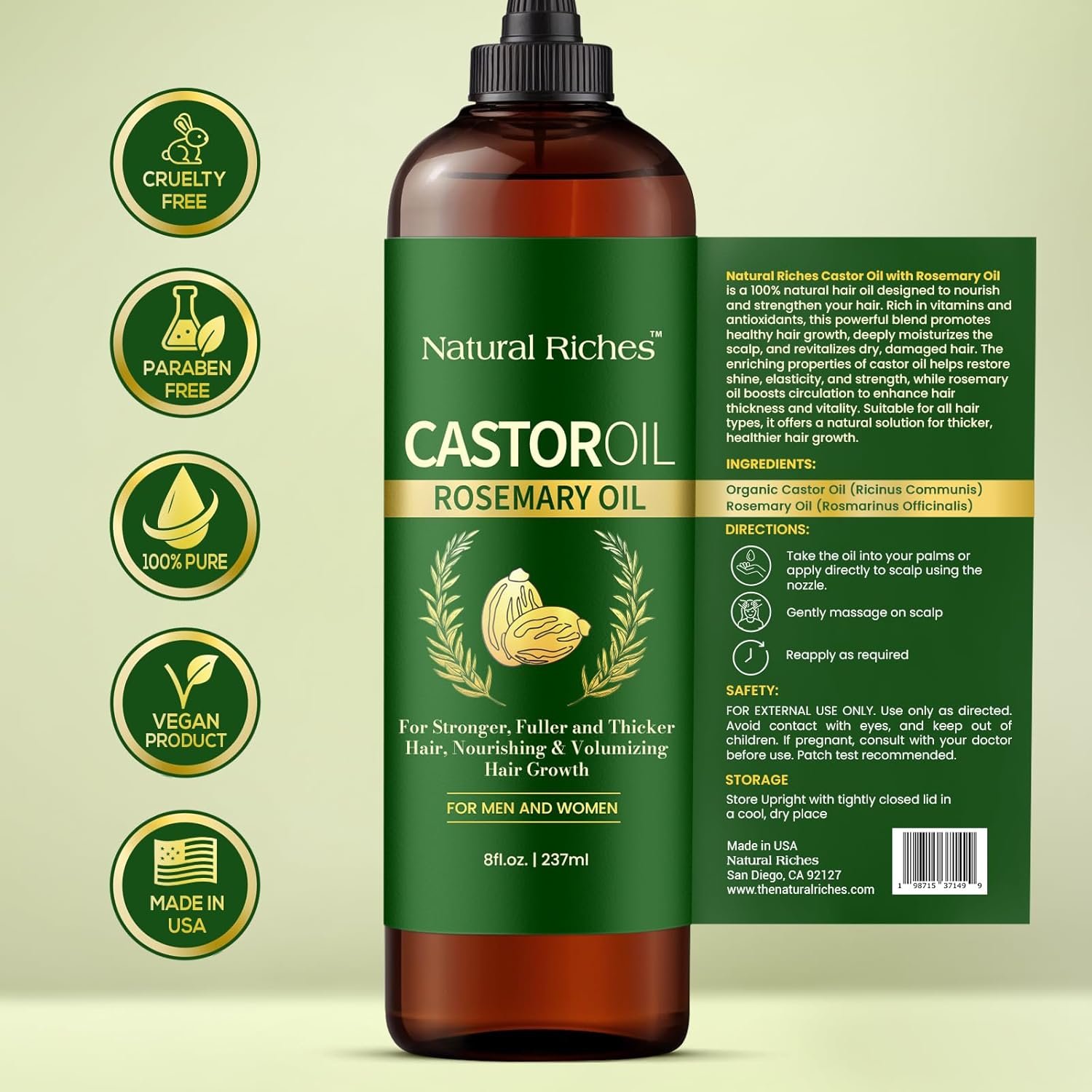 Natural Riches Castor Oil with Rosemary Oil, 8 fl oz, For Stronger, Fuller and Thicker Hair Growth Handcraft Blends Organic Castor Oil with Rosemary Oil Premium Grade hair treatment. - Image 3