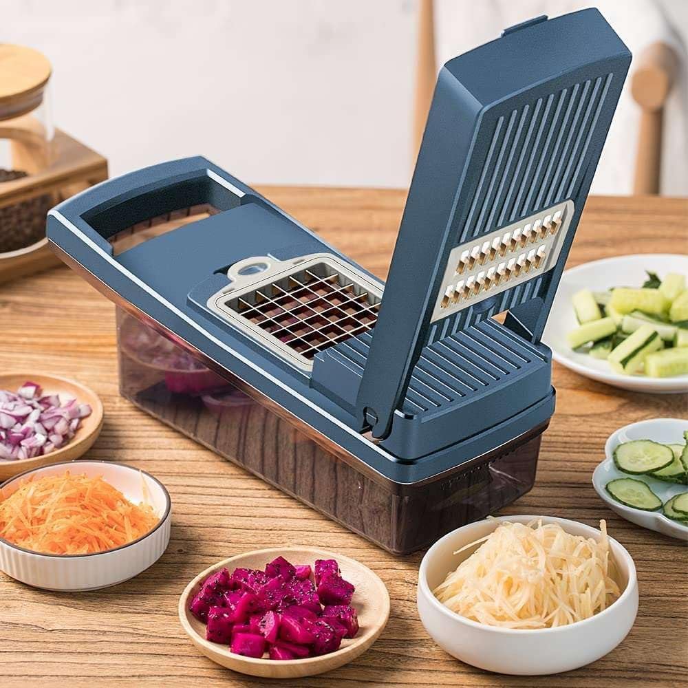 Kitchen vegetable & Fruit Slicer, Dicer Onion Chopper, 15 in 1 Food Chopper Fruits Cutter with 8 Stainless Steel Blades, Vegetable Cutter with Drain Rack Storage Container, Kitchen Gadget- Blue - Image 2