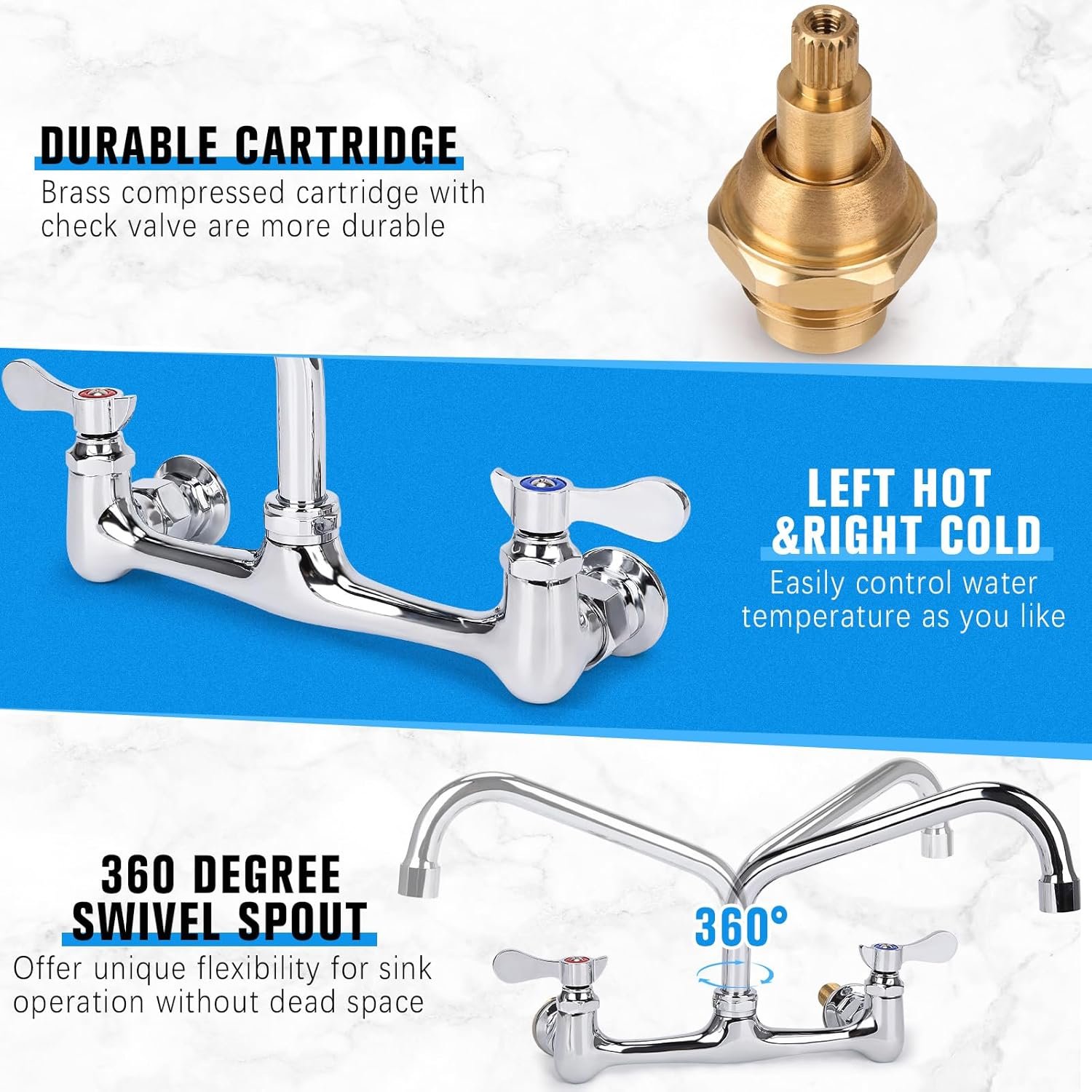 Wall Mount Kitchen Faucet 8" Center Commercial Sink Faucet with 8” Swivel Spout Dual Handles Brass Utility Sink Faucet for Laundry Room Restaurant Polish Chrome with 90° Installation Kit - Image 4