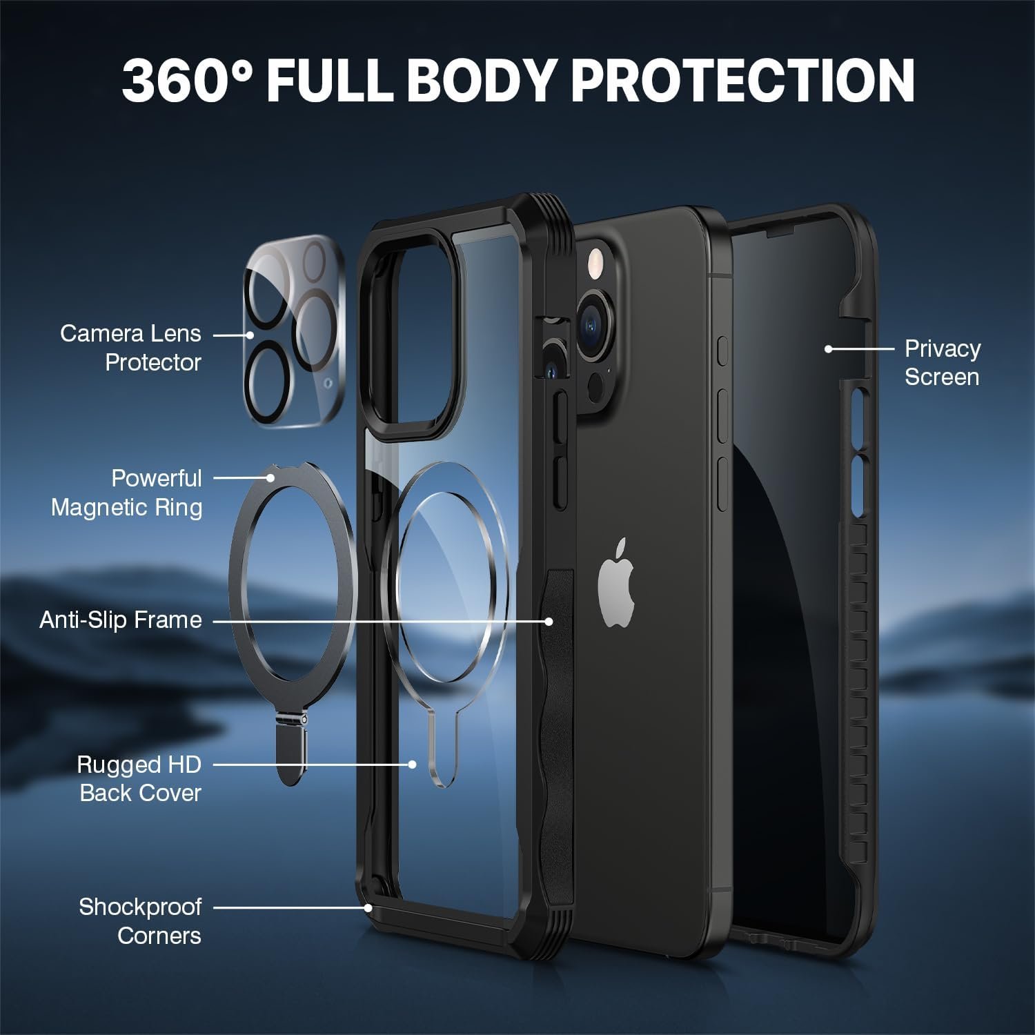 CENHUFO for iPhone 15 Pro Max Case, Privacy Phone Case Compatible with Magsafe Built-in Tempered Glass Privacy Screen Protector and Magnetic Ring Stand, Full Body Shockproof Clear Camera Cover -Black - Image 3