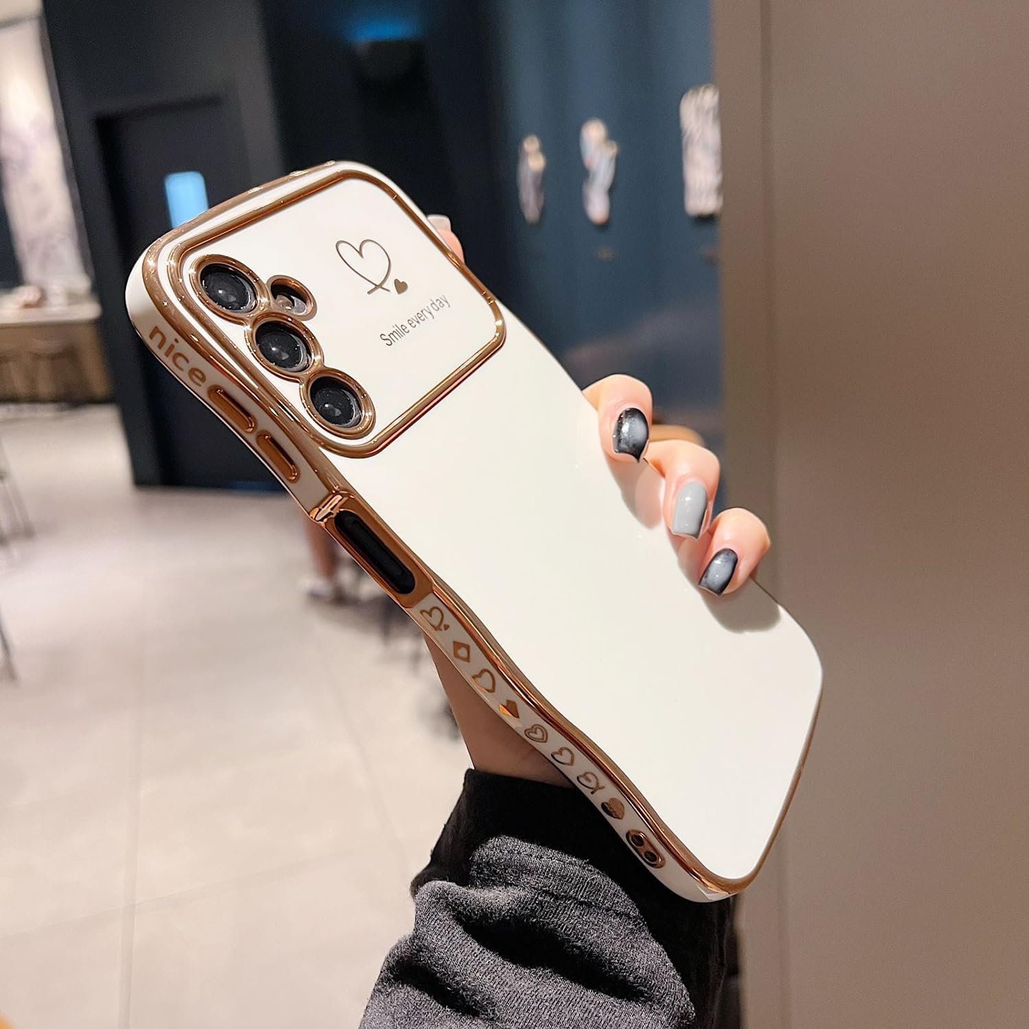 MINSCOSE for Samsung Galaxy A14 5G Phone Case,Luxury Cute Curly Wave Frame with Love Heart Plating Pattern,Raised Full Camera Lens Protection Cover for Women Girls for Galaxy A14 5G-White - Image 3