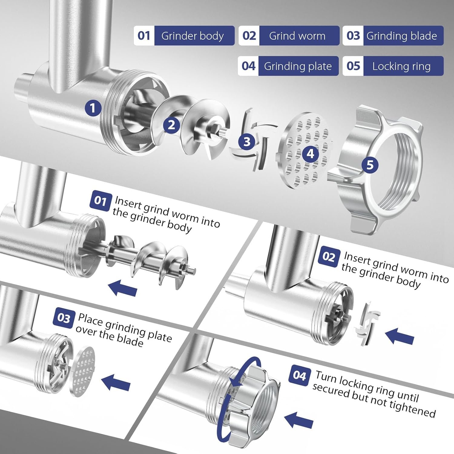 Metal Food Grinder Attachment for KitchenAid Stand Mixers, Meat Grinder Accessories Including Sausage Stuffer Tubes & Holder, Grinding Plates, Grinding Blades - Image 6