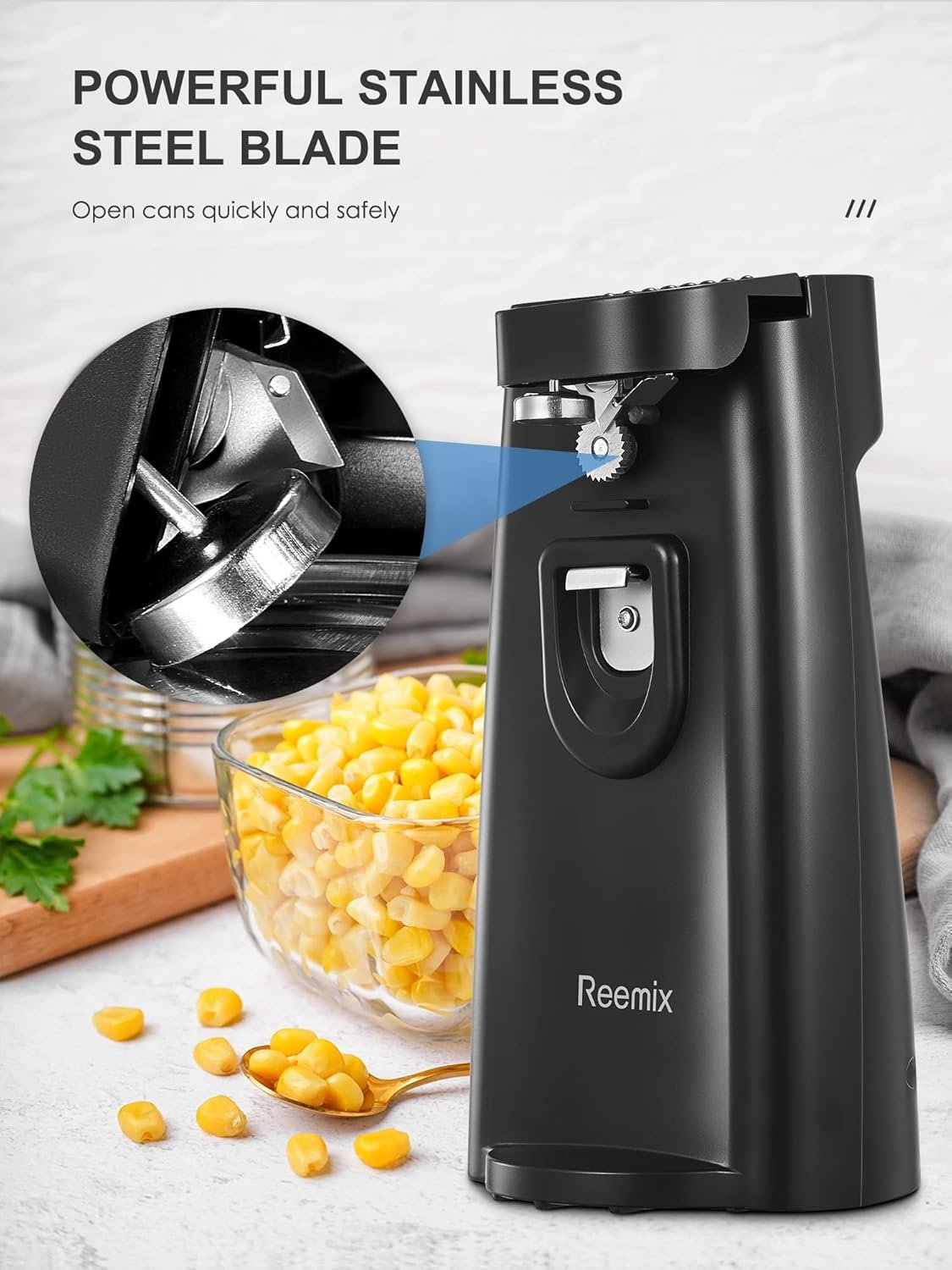 Electric Can Opener, Reemix Automatic Can Opener with Knife Sharpener and Bottle Opener 3 in 1, Easy Push Down Lever (Black) - Image 4