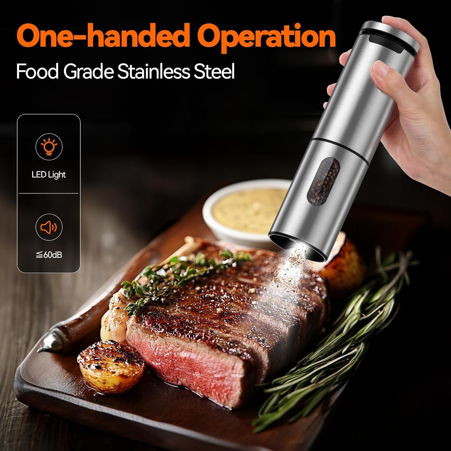 VOXON Electric Salt and Pepper Grinder Set, Food Grade Stainless Steel Mill with LED Light One Handed Operation - Image 3