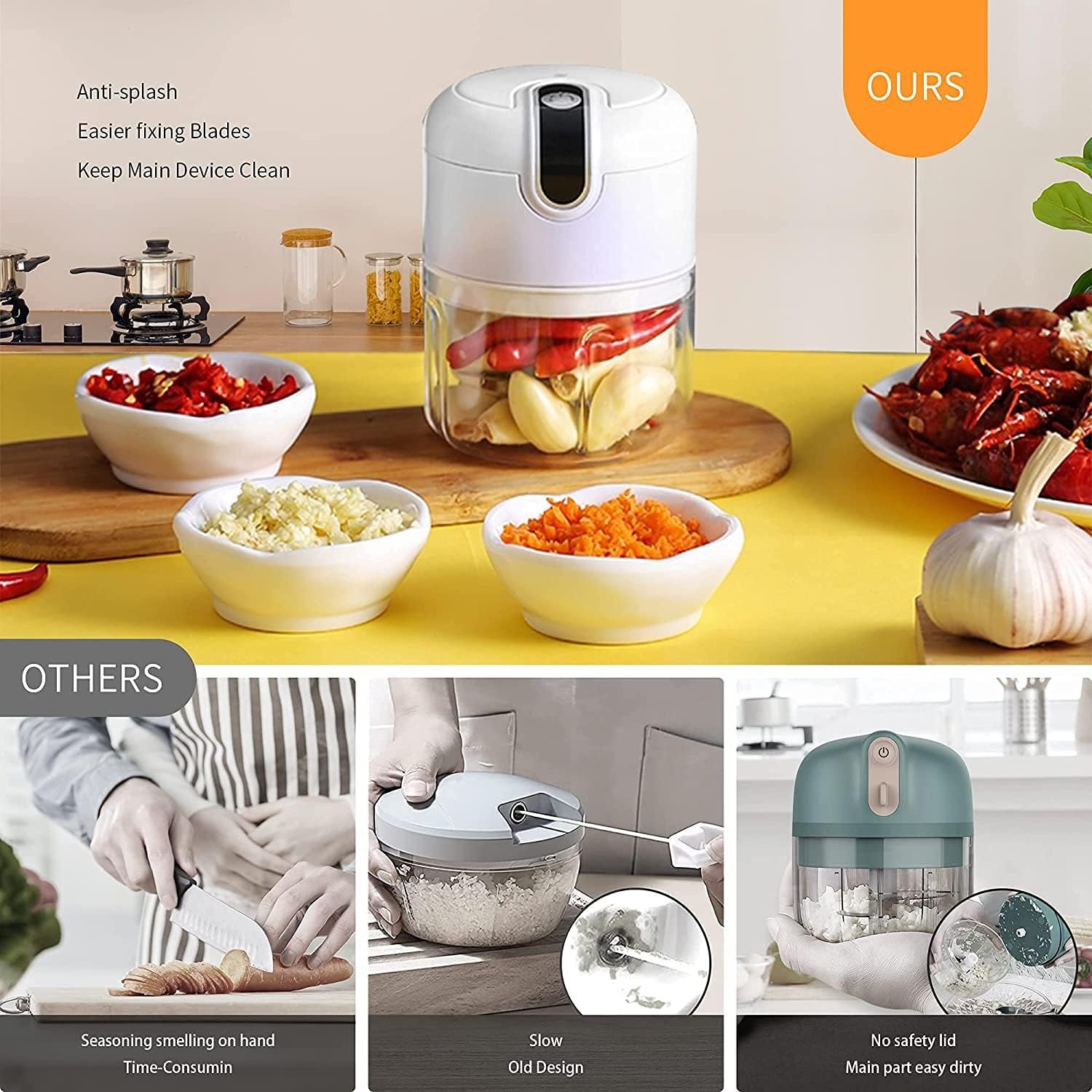 Electric Mini Garlic Chopper,Food Processor,Portable Cordless Garlic Mincer Masher,Meat Grinder with USB Charging For Vegetable,Chili,Fruits,Ginger,Baby Food,Seasoning 250ml(White) - Image 5