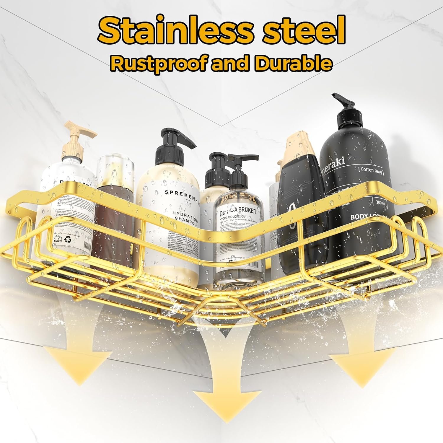 Gold Corner Adhesive Shower Caddy,Rustproof Stainless Steel Corner Shower Shelves for Bathroom Kitchen, No Drilling Wall Mounted Shower Rack for inside Shower, 5 Pack - Image 5