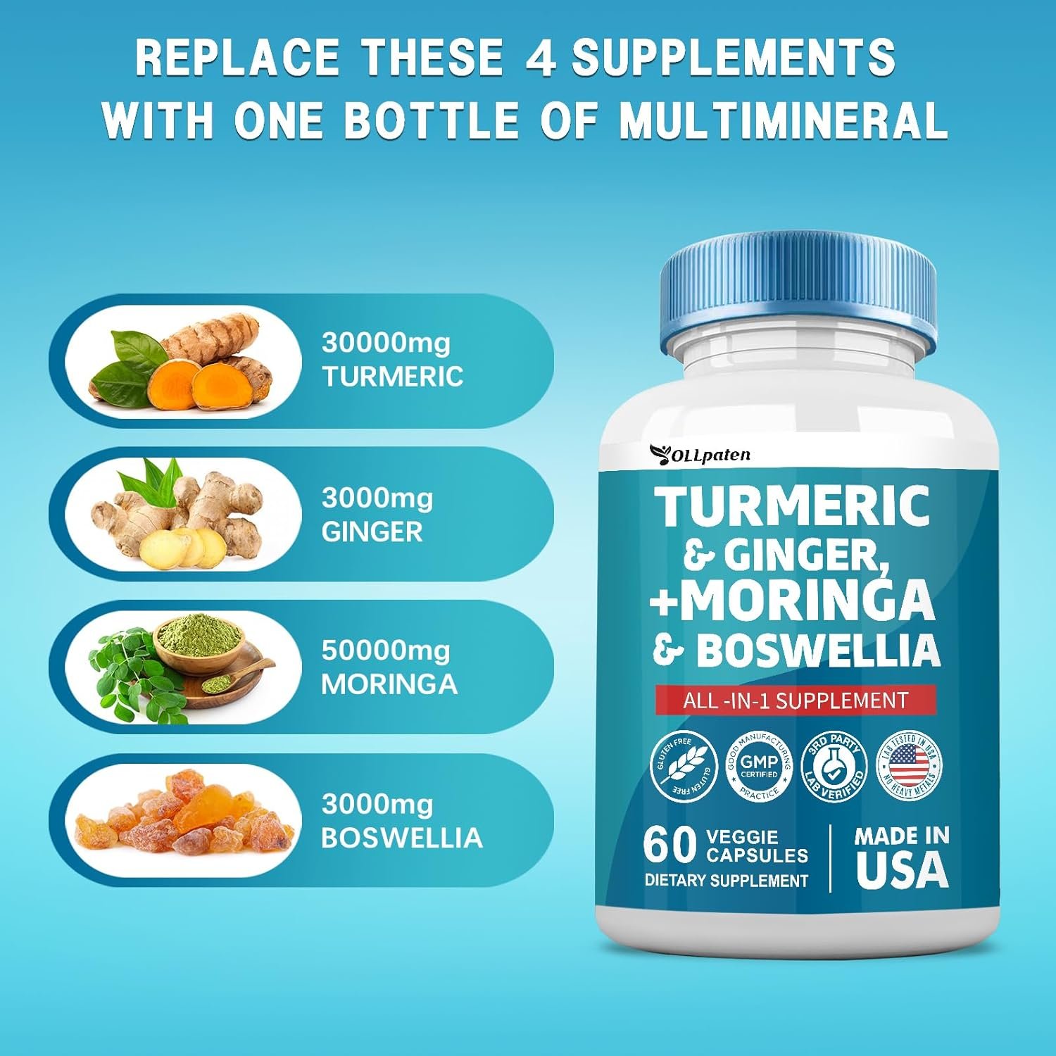 Turmeric Curcumin 30000mg Moringa 50000mg Ginger 3000mg Boswellia 3000mg Saffron 2000mg All-in-One Supplement for Women and Men with Quercetin, Tart Cherry, 60 Capsules - Image 3