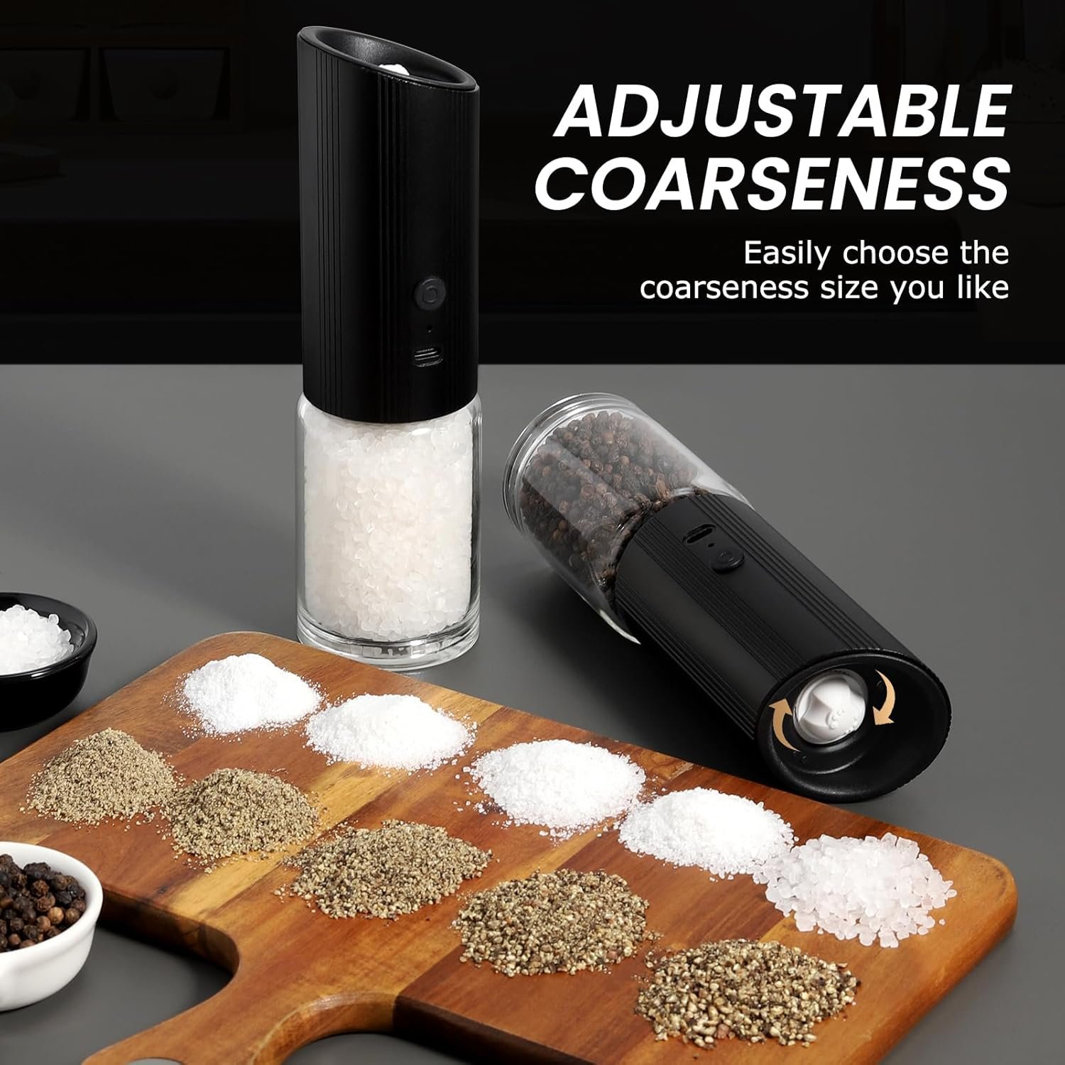 VEVOK CHEF Electric Salt and Pepper Grinder Set Black Type-c Rechargeable Pepper Grinder with LED light One Handed Operation Pepper Mill Adjustable Coarseness - Image 7